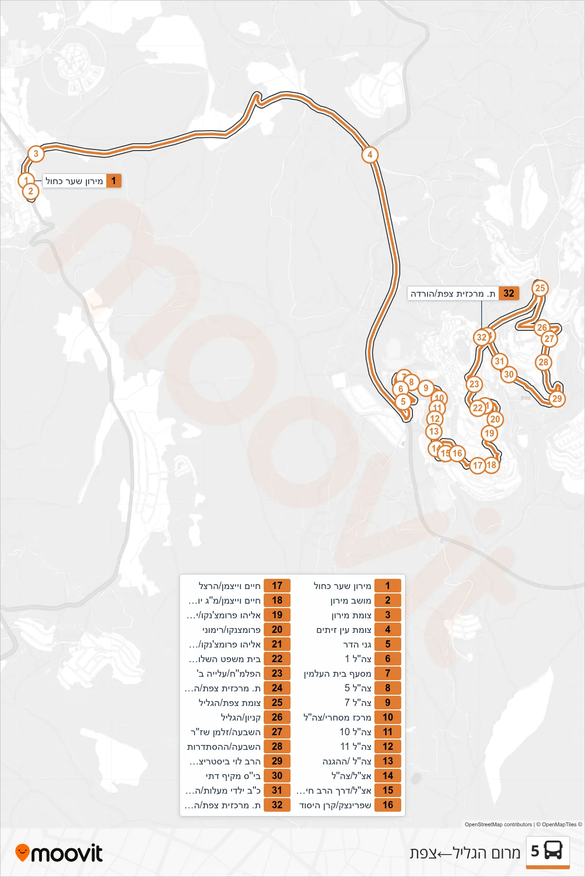 5 bus Line (Merom HaGalil‎→Safed) route and stops on a map