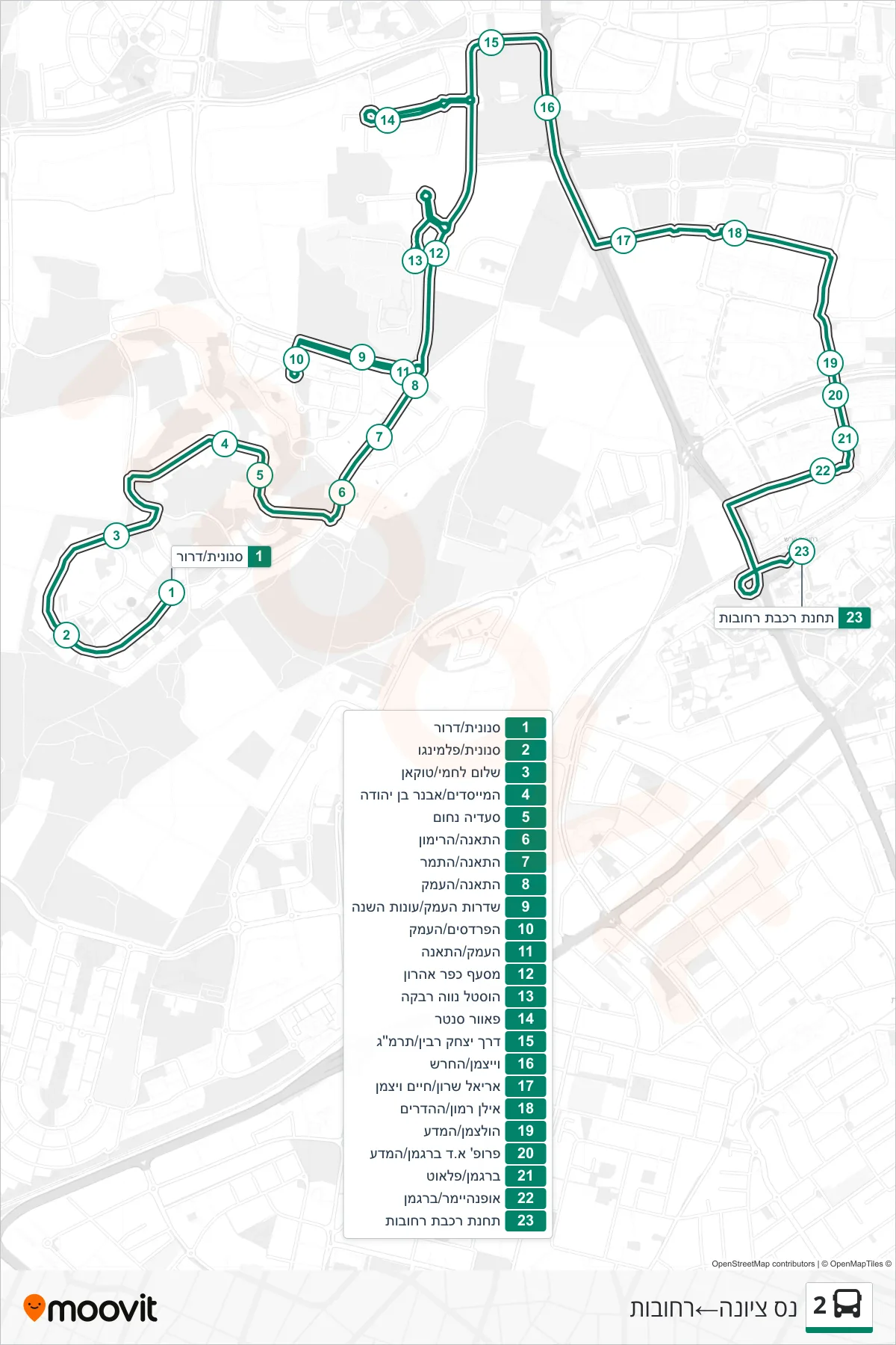 2 bus Line (Nes Ziona→Rehovot) route and stops on a map