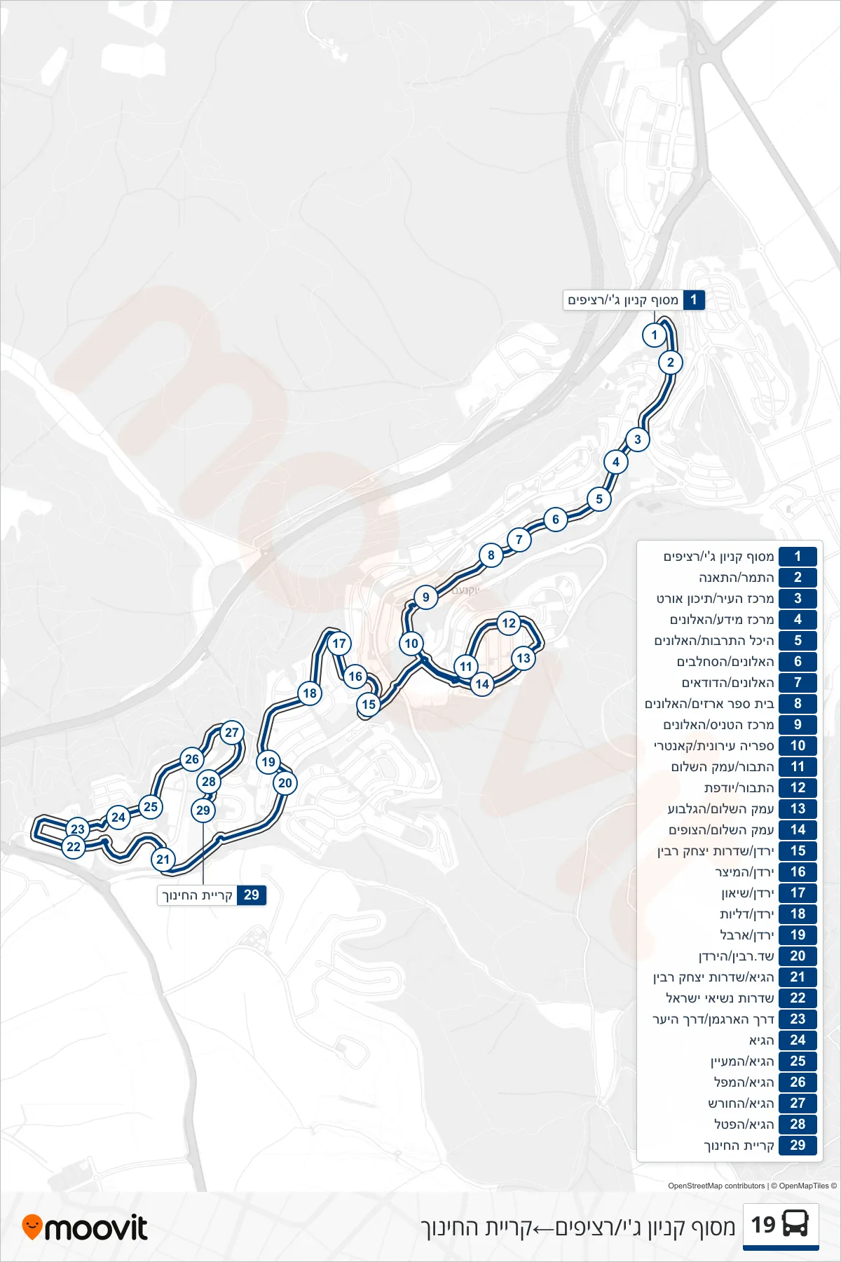 19 bus Line (G Mall Terminal/Platforms→Education Campus) route and stops on a map