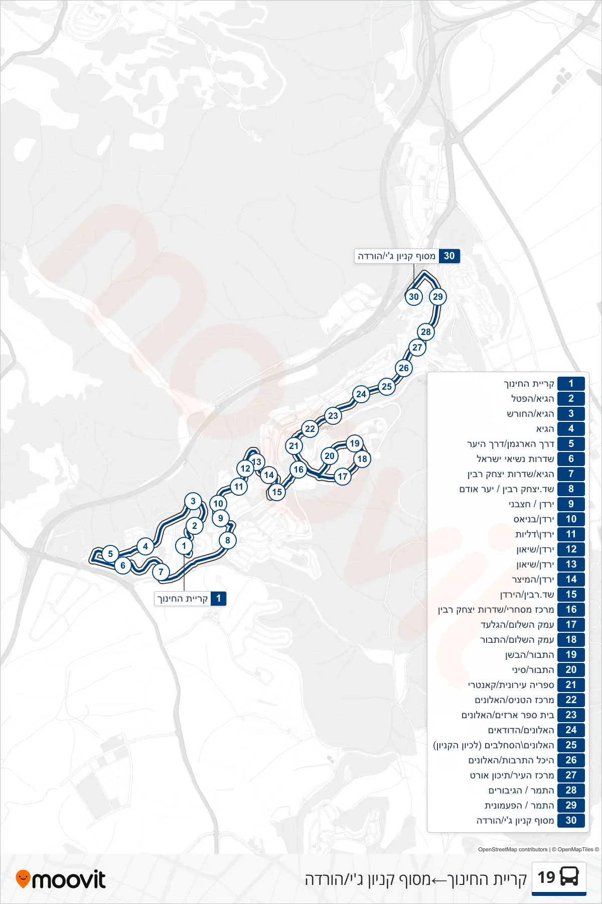 19 bus Line (Education Campus→G Mall Terminal/Drop Off) route and stops on a map