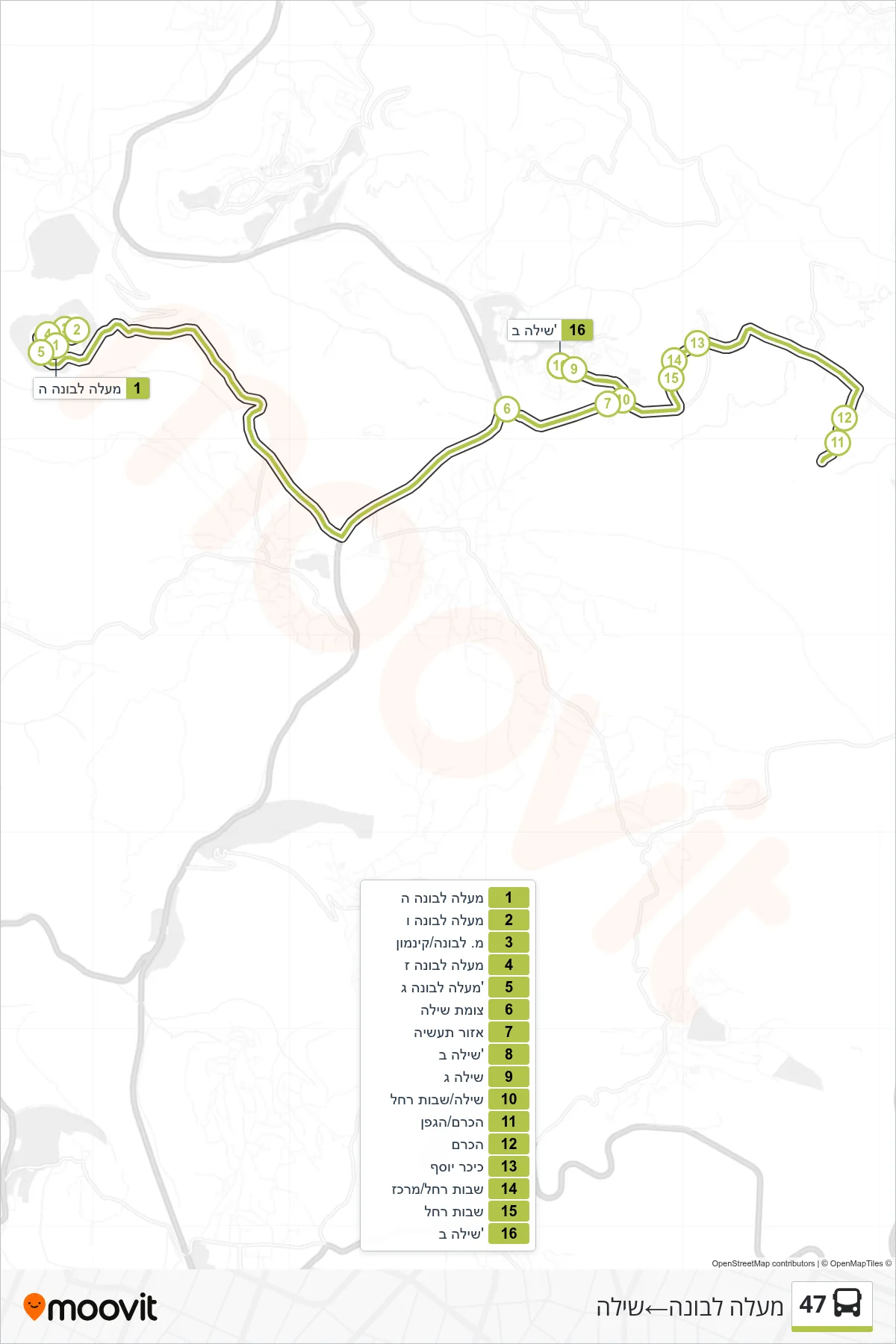 47  Line (Ma'ale Levona‎→Shiloh) route and stops on a map