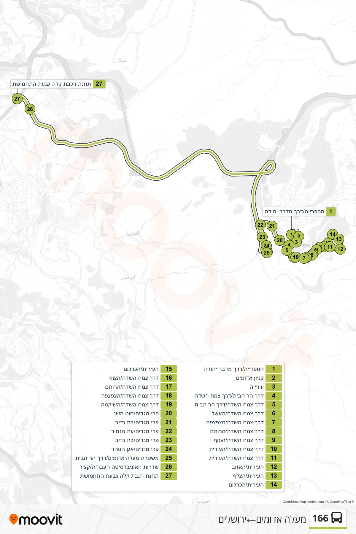166 bus Line (Ma'ale Adumim‎→Jerusalem) route and stops on a map