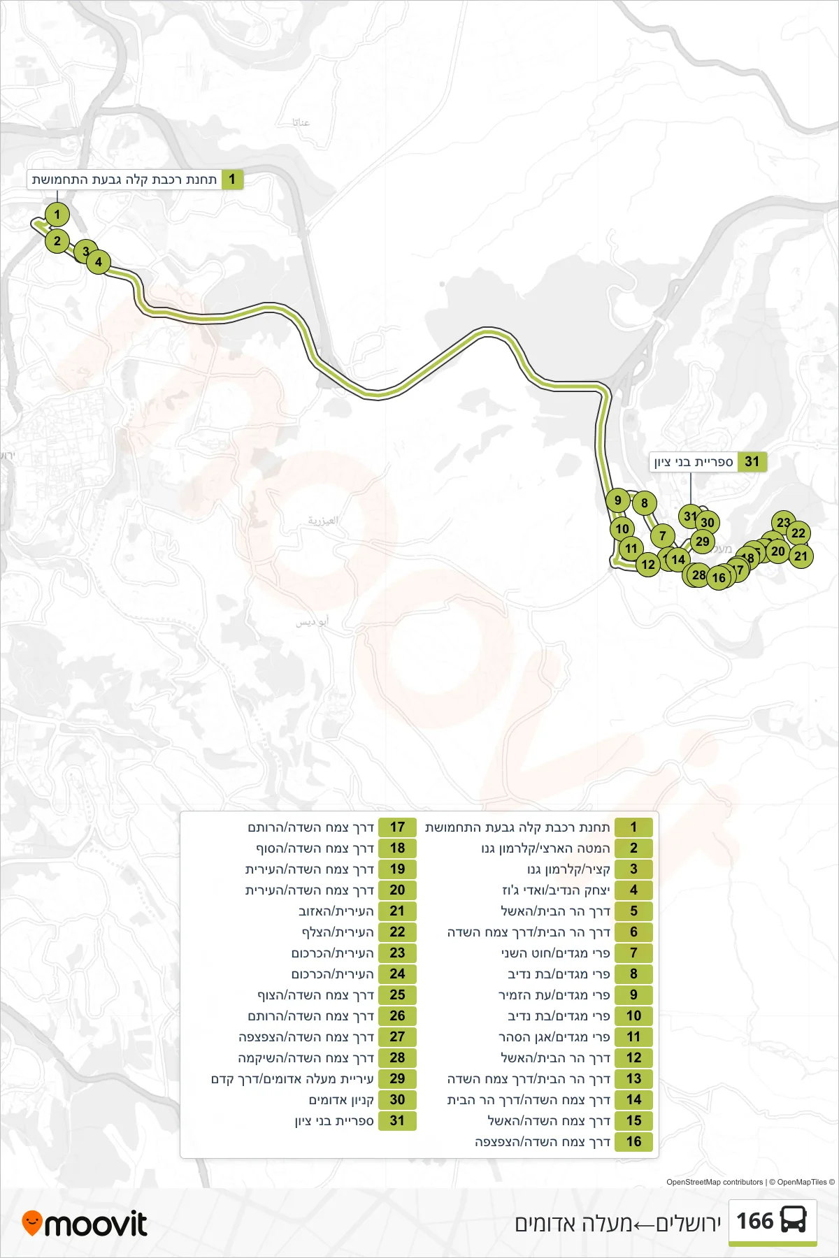 166 bus Line (Jerusalem‎→Ma'ale Adumim) route and stops on a map