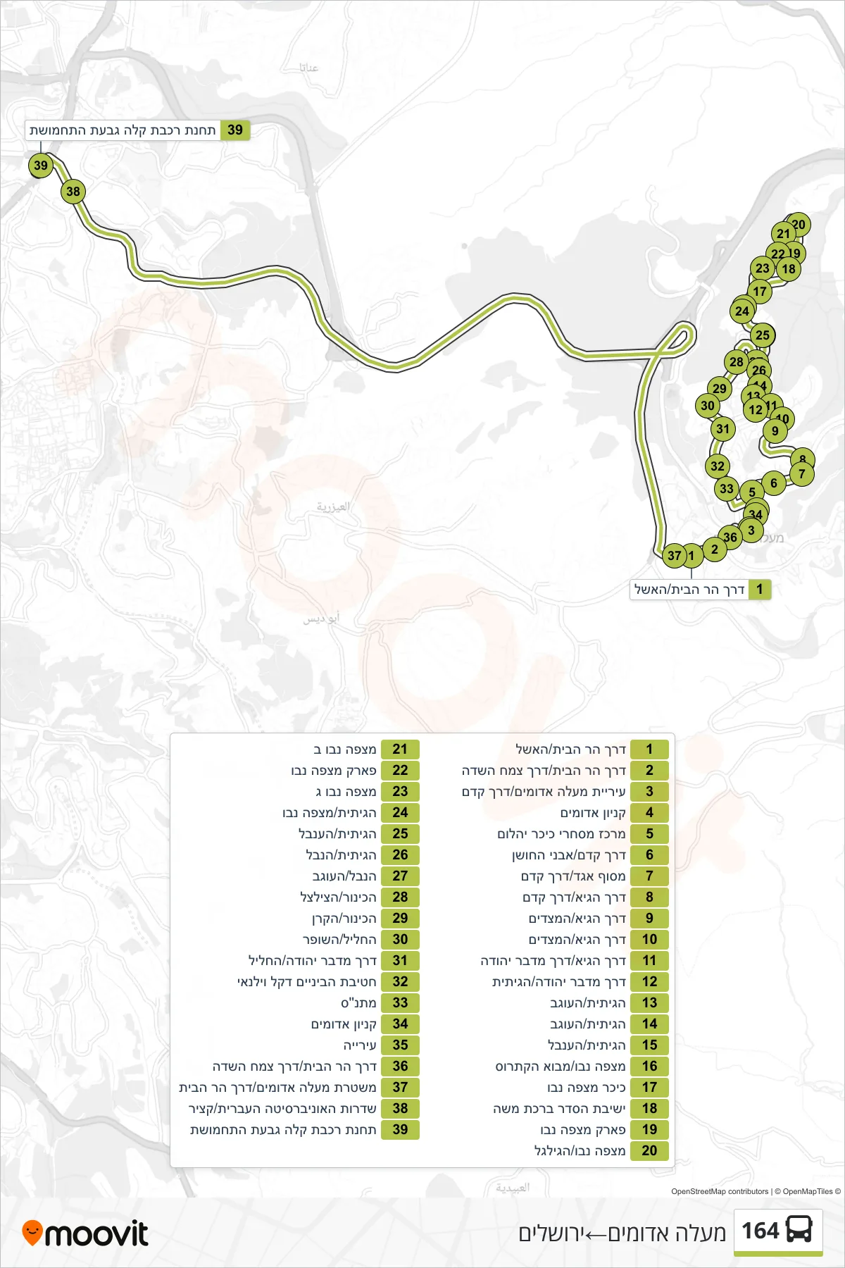 164 bus Line (Ma'ale Adumim‎→Jerusalem) route and stops on a map
