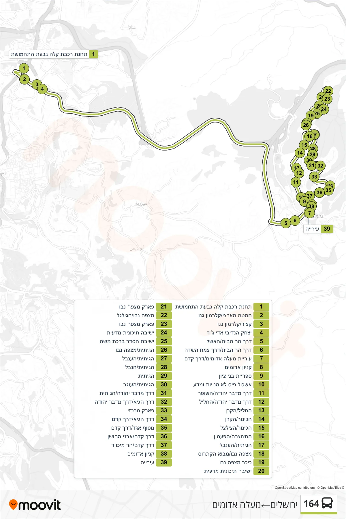 164 bus Line (Jerusalem‎→Ma'ale Adumim) route and stops on a map