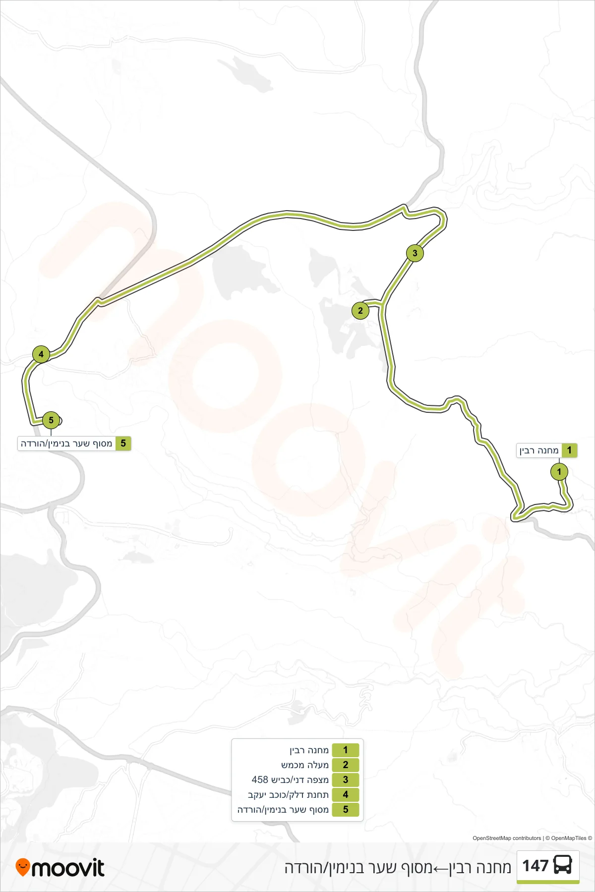 147 bus Line (Camp Rabin‎→Sha'ar Binyamin Terminal/Drop-off) route and stops on a map