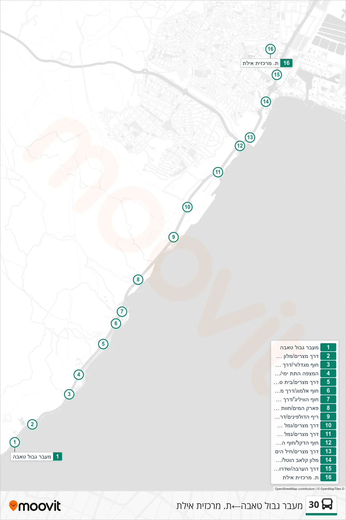 30 bus Line (Taba Border Crossing→ת. מרכזית אילת) route and stops on a map