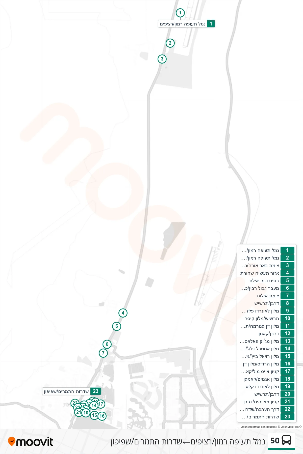 50  Line (Ramon Airport/Platforms‎→HaTmarim Boulevard/Shfifon) route and stops on a map