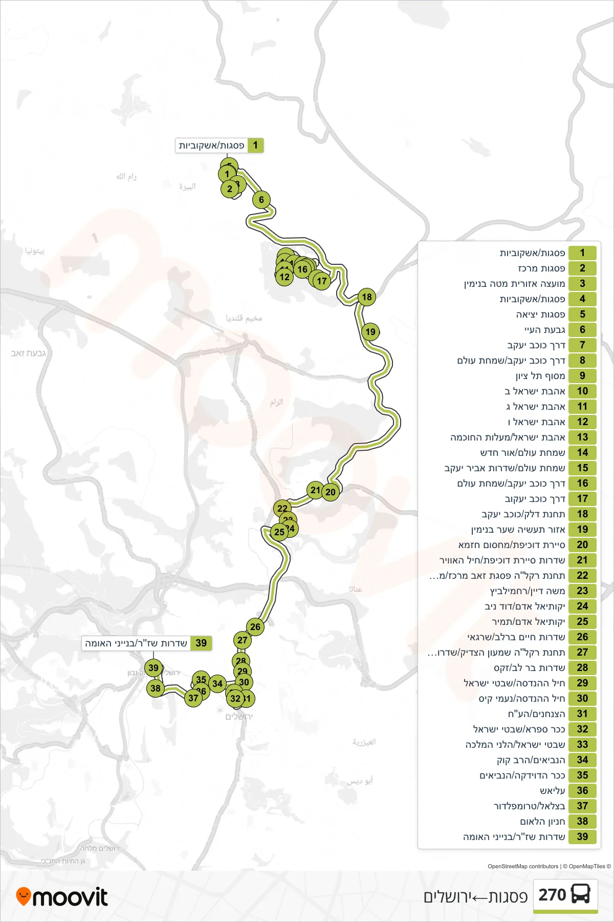 270 bus Line (Psagot‎→Jerusalem) route and stops on a map