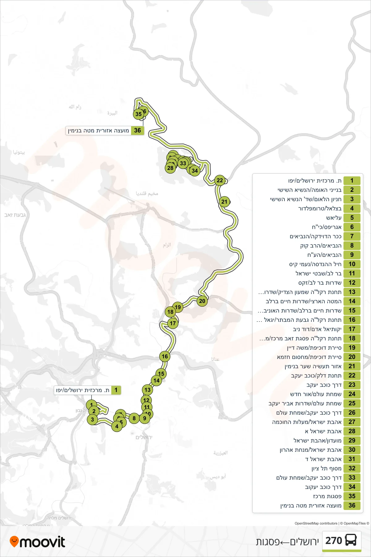 270 bus Line (Jerusalem→Psagot) route and stops on a map