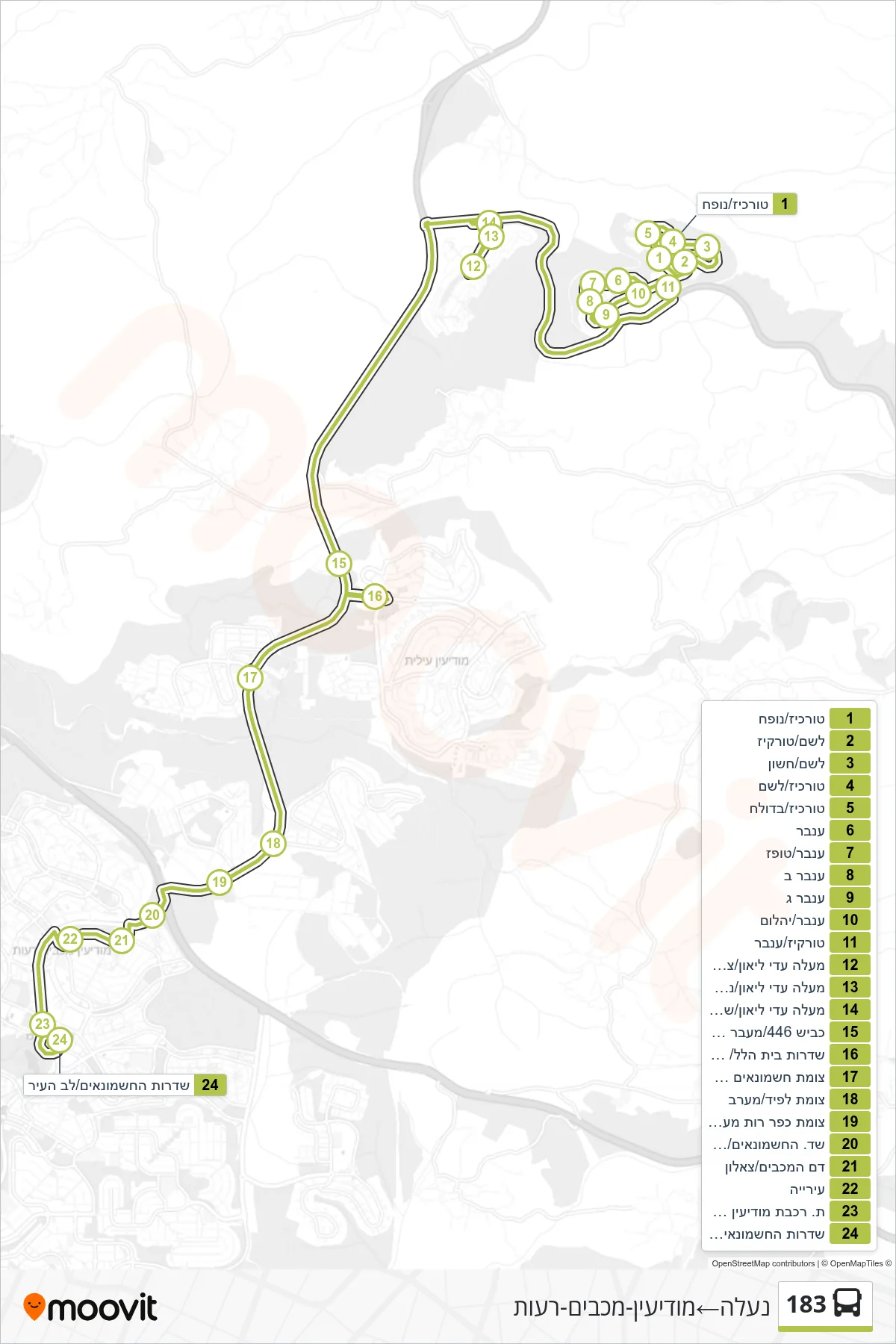 183 bus Line (Na'ale‎→Modi'in-Maccabim-Re'ut) route and stops on a map