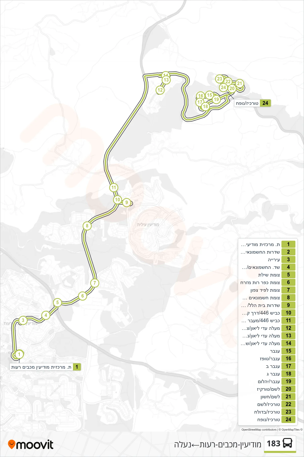 183 bus Line (Modi'in-Maccabim-Re'ut‎→Na'ale) route and stops on a map