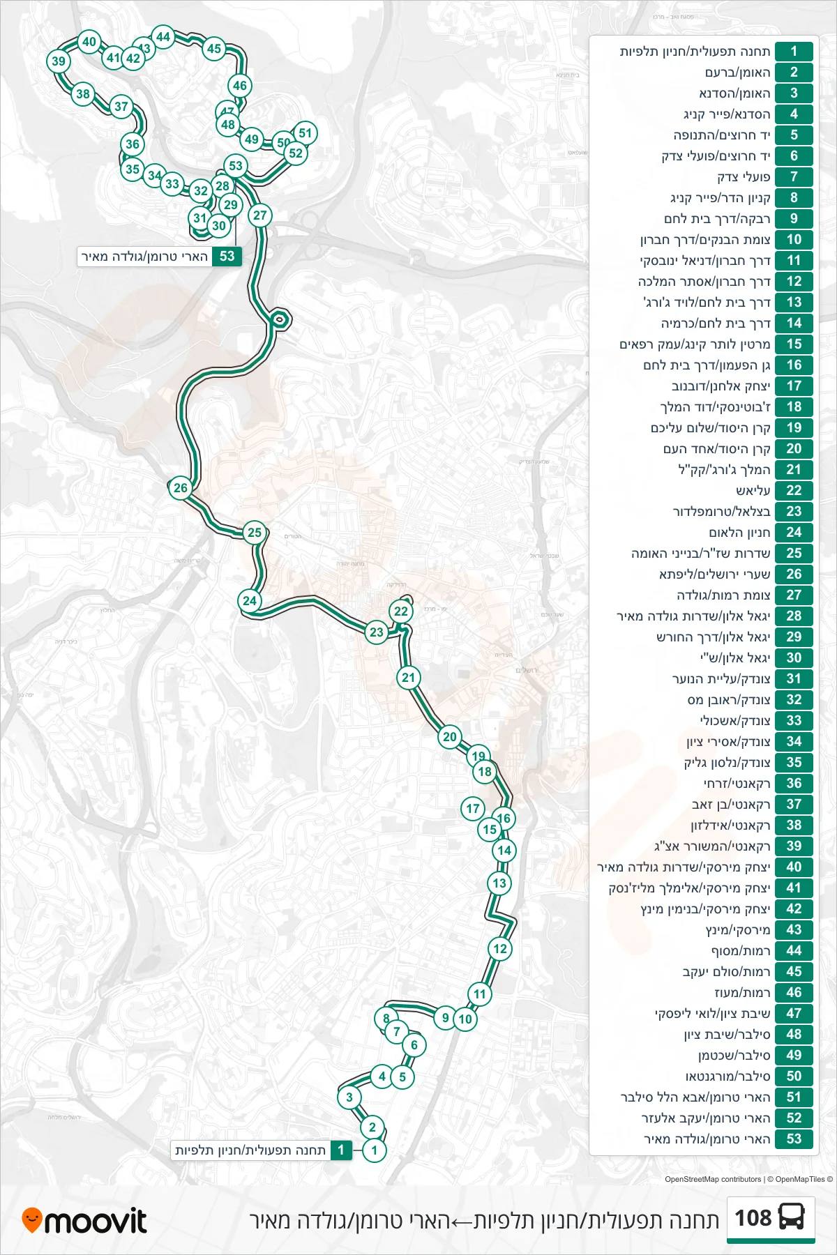 108 bus Line (Talpiot Depot/Operational Station‎→Harry Truman/Golda Meir) route and stops on a map