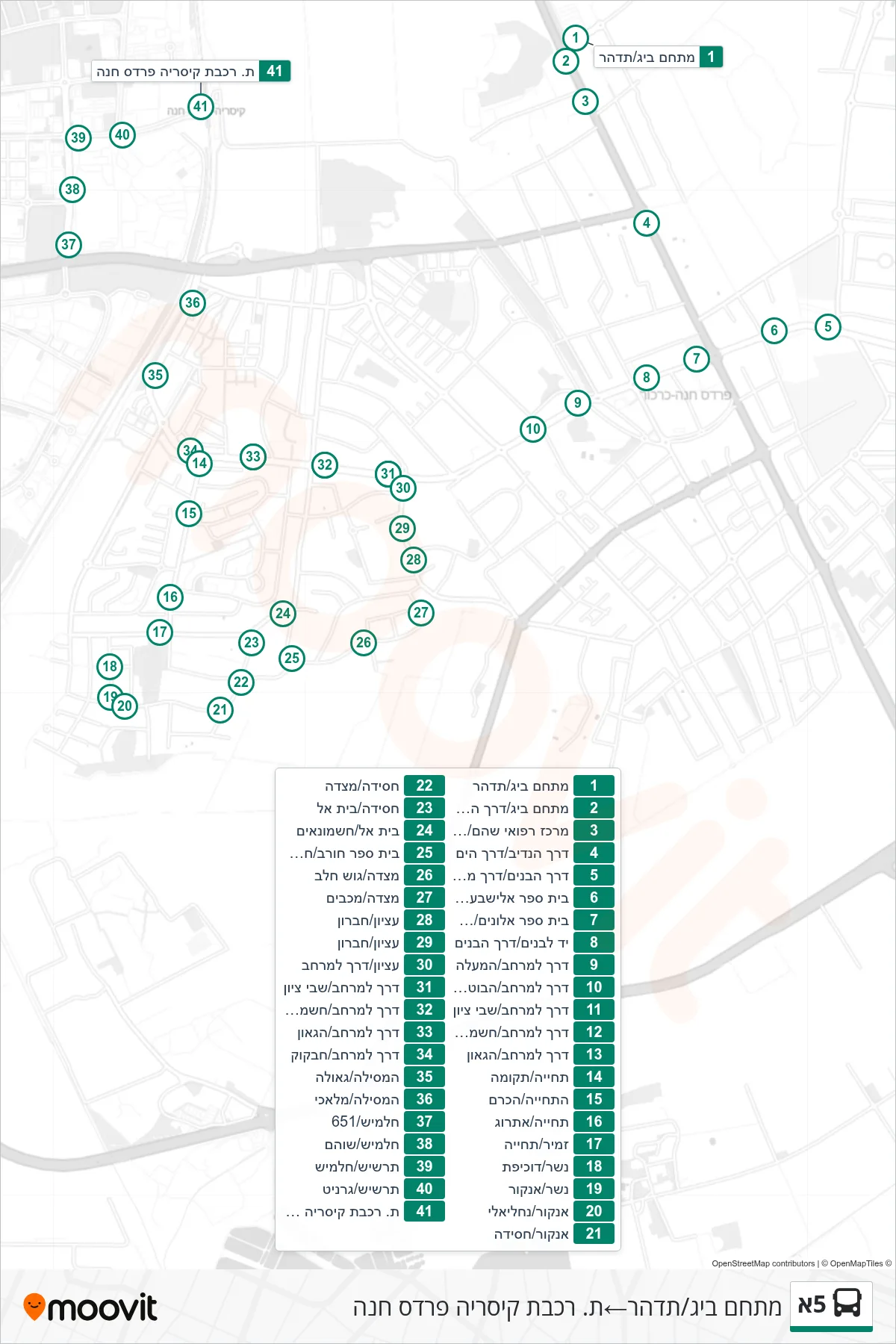 5A bus Line (Big Complex/Tidhar‎→Caesarea-Pardes Hanna Railway Station) route and stops on a map