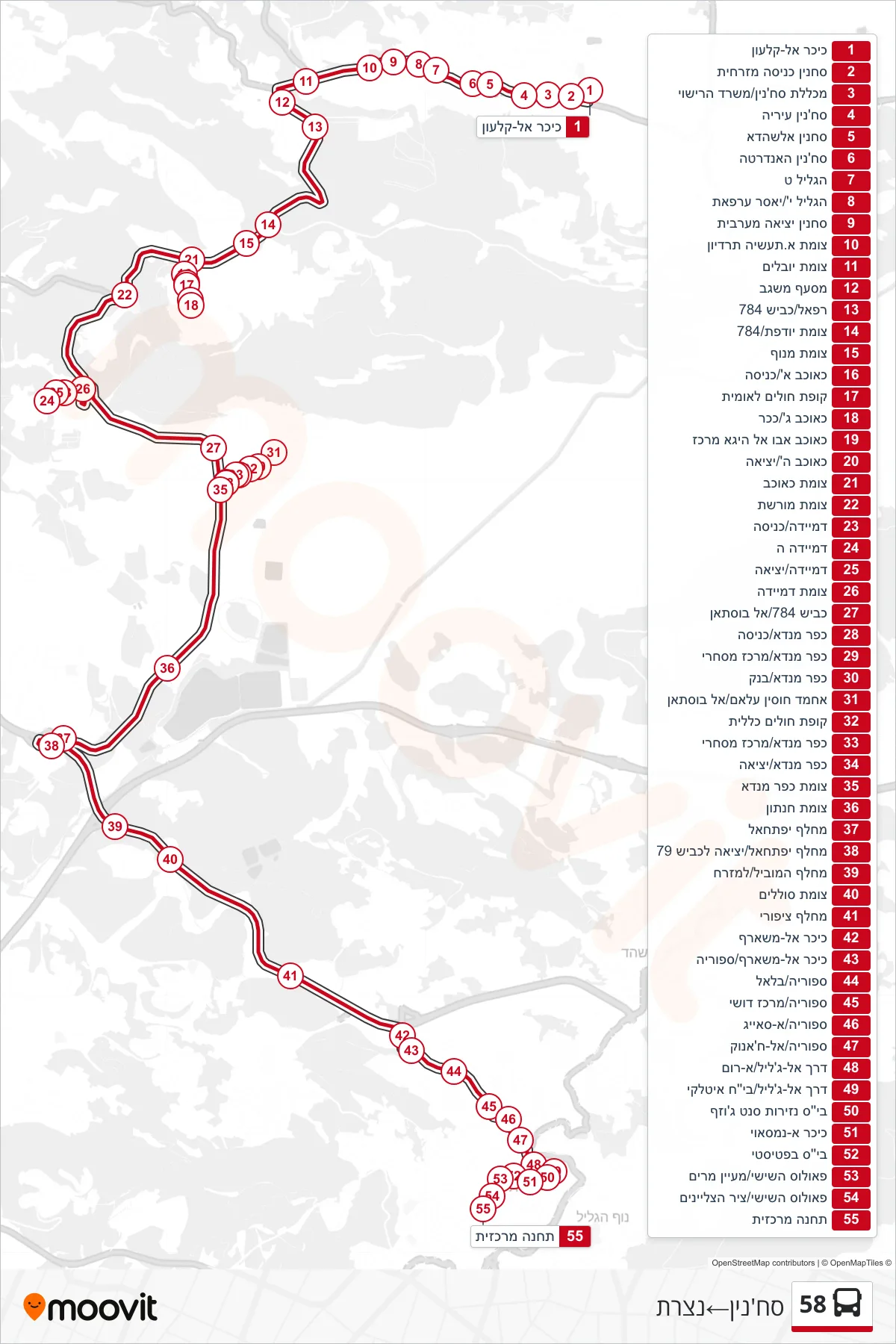 58 bus Line (Sakhnin‎→Nazareth) route and stops on a map