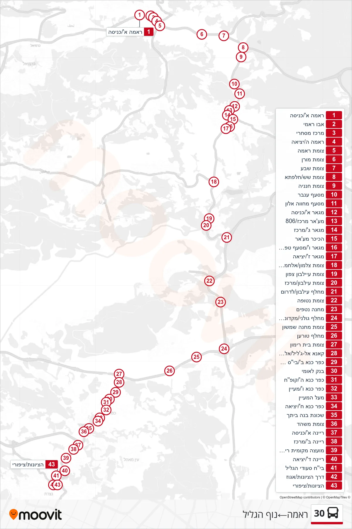 30 bus Line (Rama‎→Nof HaGalil) route and stops on a map