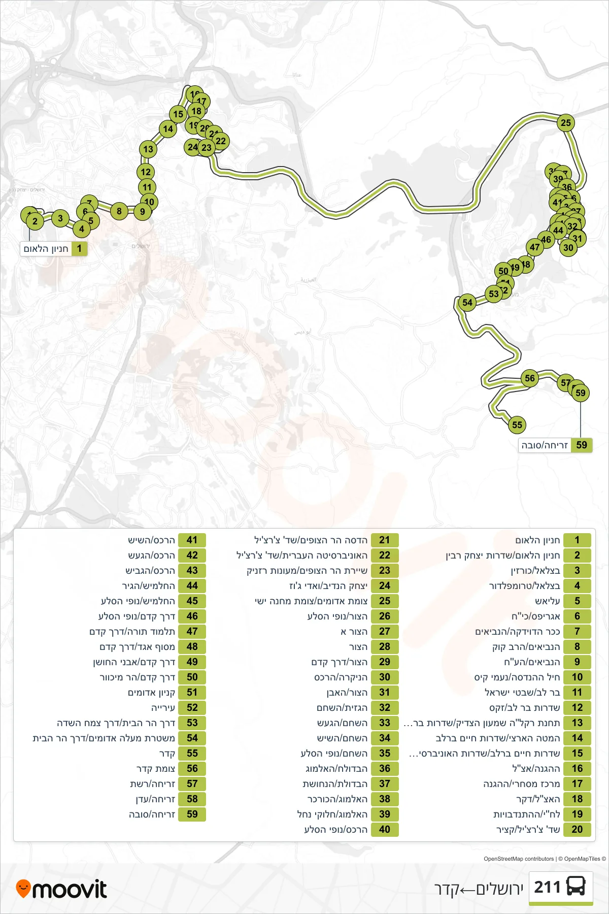 211 bus Line (Jerusalem‎→Kedar) route and stops on a map