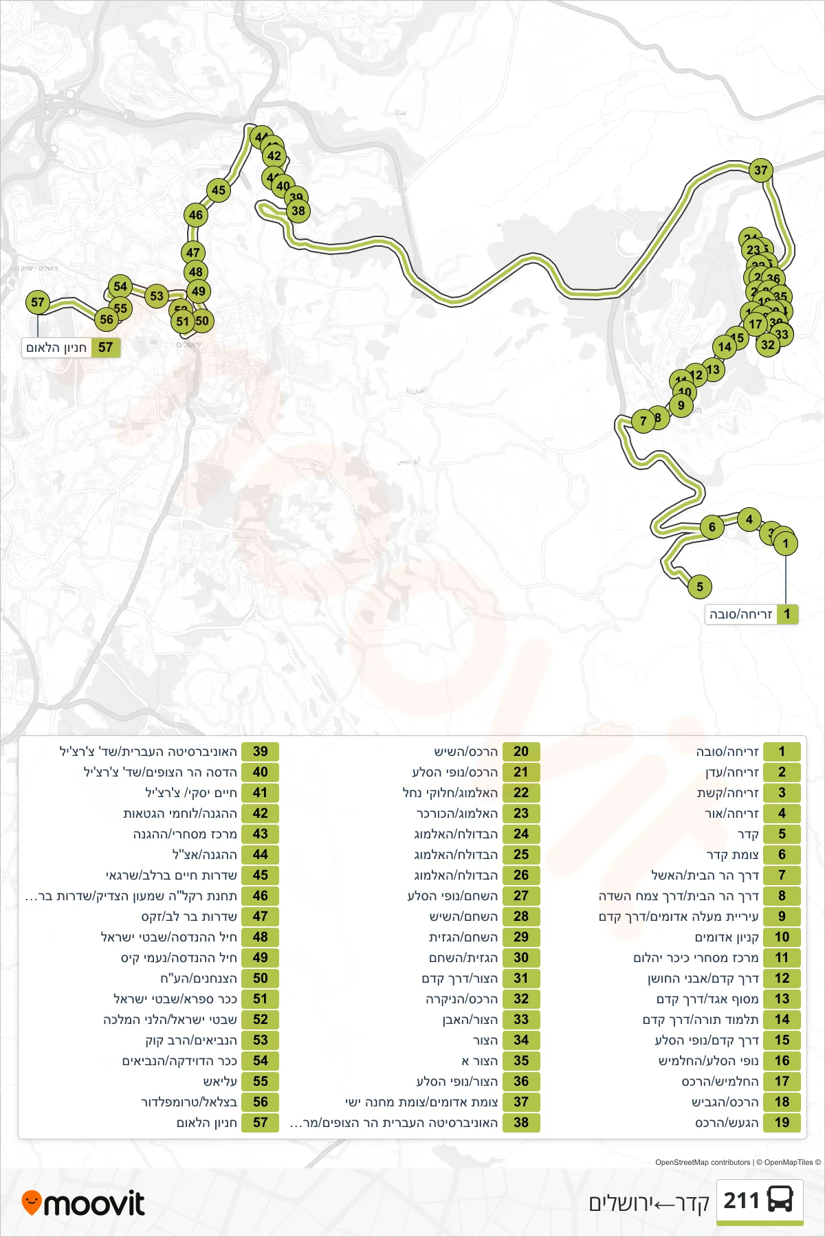 211 bus Line (Kedar‎→Jerusalem) route and stops on a map