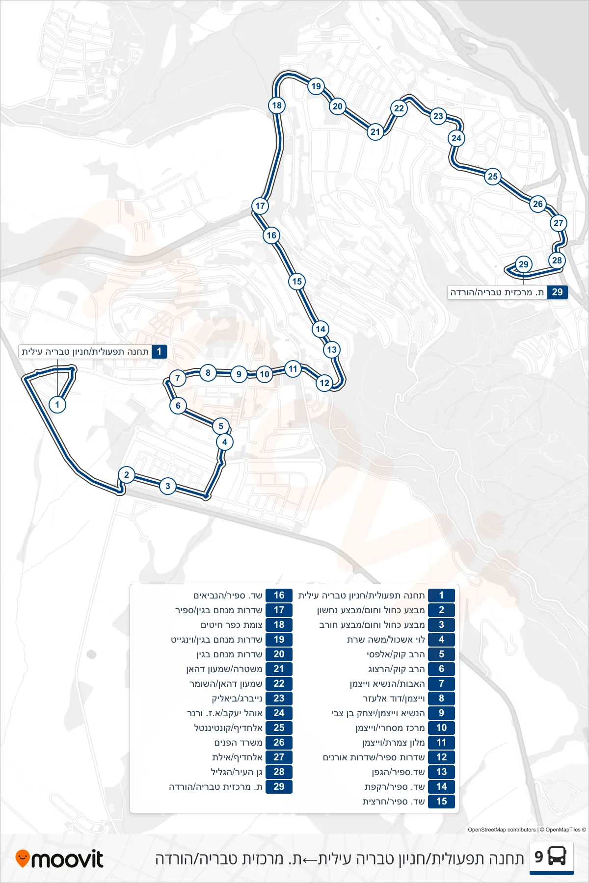 9 bus Line (תחנה תפעולית/חניון טבריה עילית‎→Tiberias Central Station/Drop Off) route and stops on a map