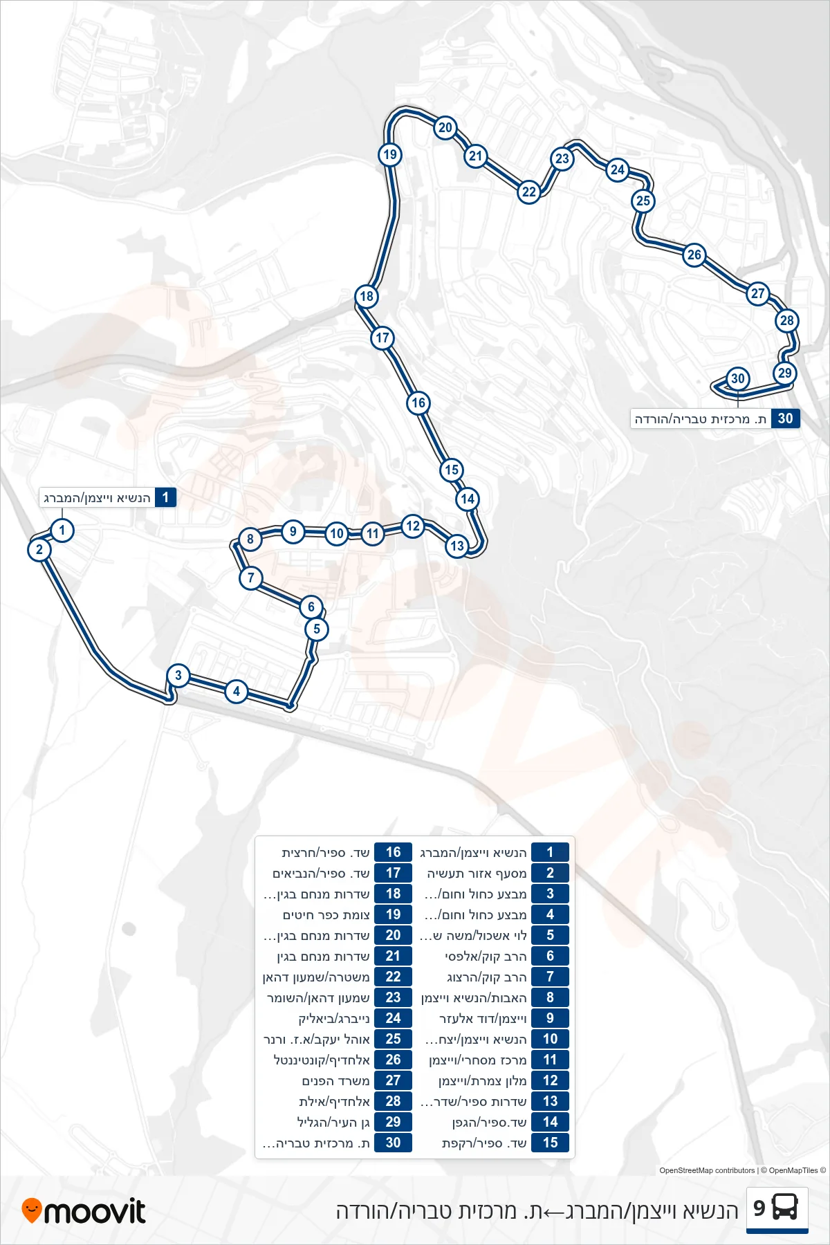 9 bus Line (President Weizmann/Hamburg‎→Tiberias Central Station/Drop Off) route and stops on a map