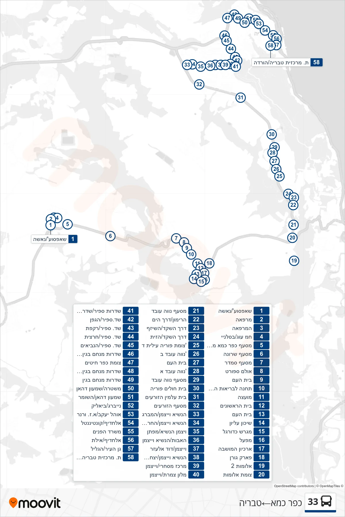 33 bus Line (Kfar Kama‎→Tiberias) route and stops on a map