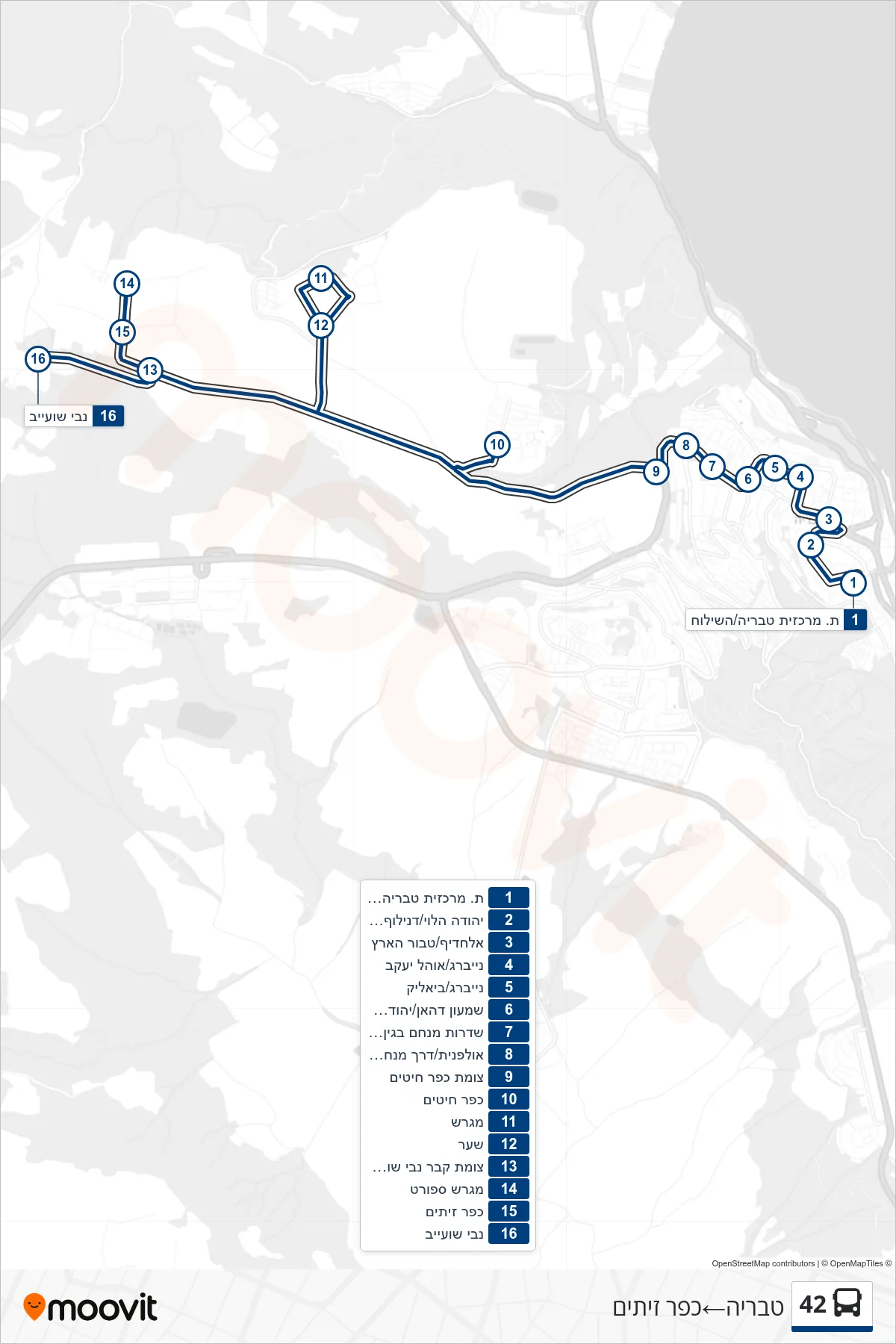 42 bus Line (Tiberias‎→Kfar Zeitim) route and stops on a map