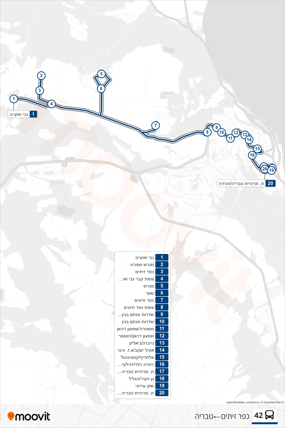 42 bus Line (Kfar Zeitim‎→Tiberias) route and stops on a map