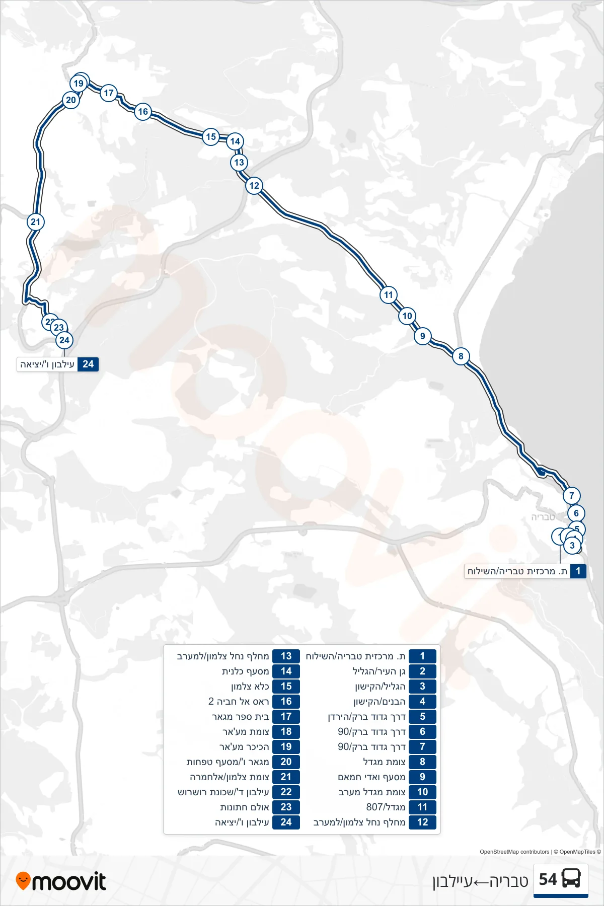 54 bus Line (Tiberias‎→Eilabun) route and stops on a map