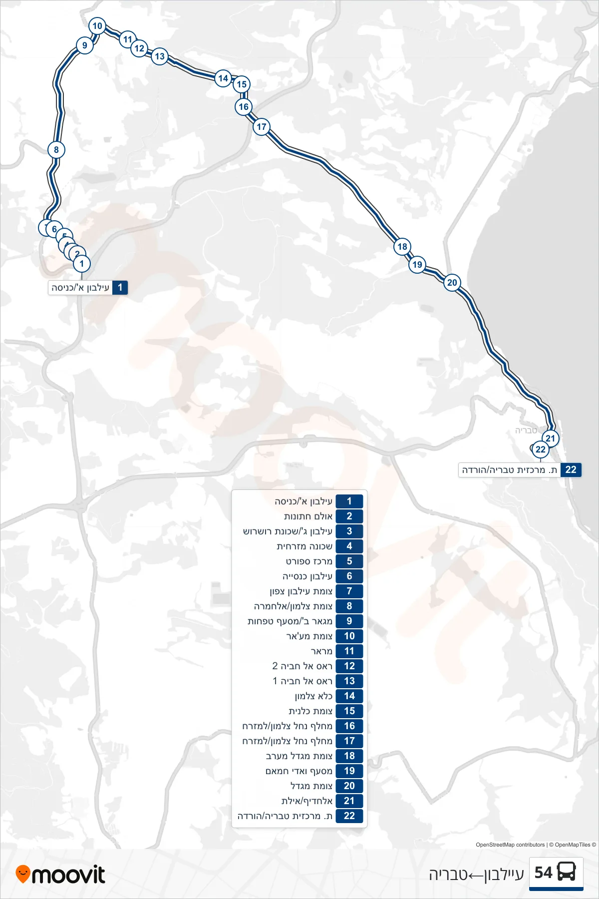 54 bus Line (Eilabun‎→Tiberias) route and stops on a map
