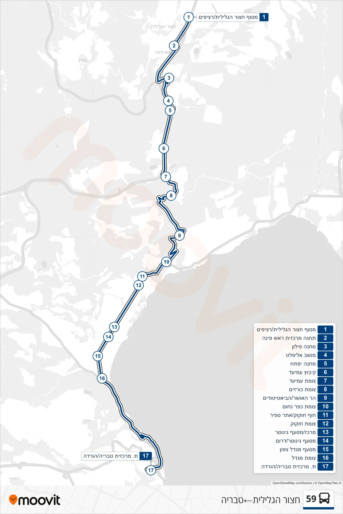 59 bus Line (Hatzor HaGlilit‎→Tiberias) route and stops on a map