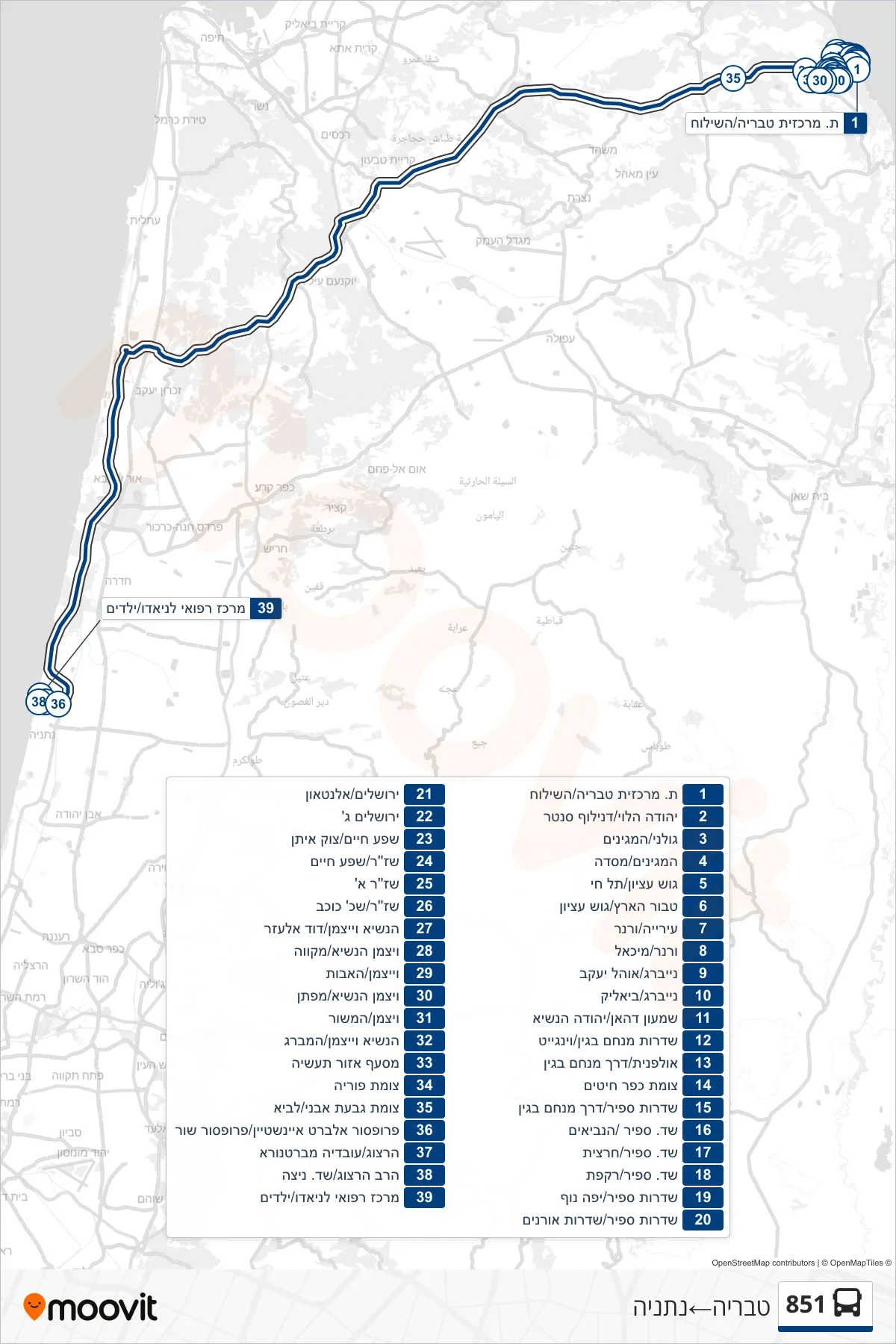 851 bus Line (Tiberias‎→Netanya) route and stops on a map
