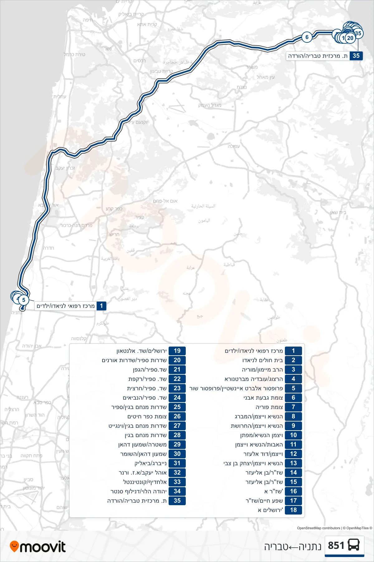 851 bus Line (Netanya‎→Tiberias) route and stops on a map