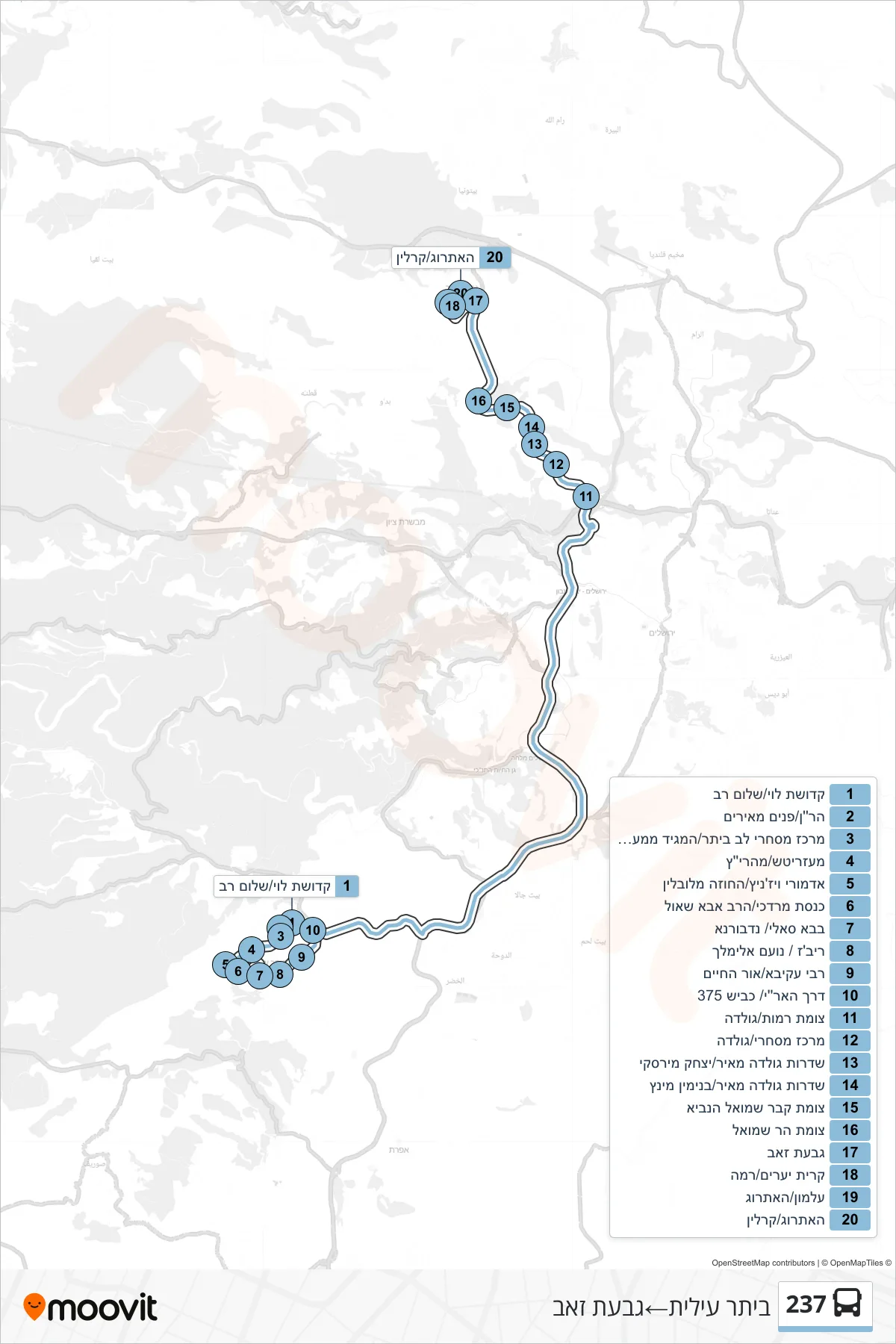 237  Line (Beitar Illit‎→Givat Ze'ev) route and stops on a map