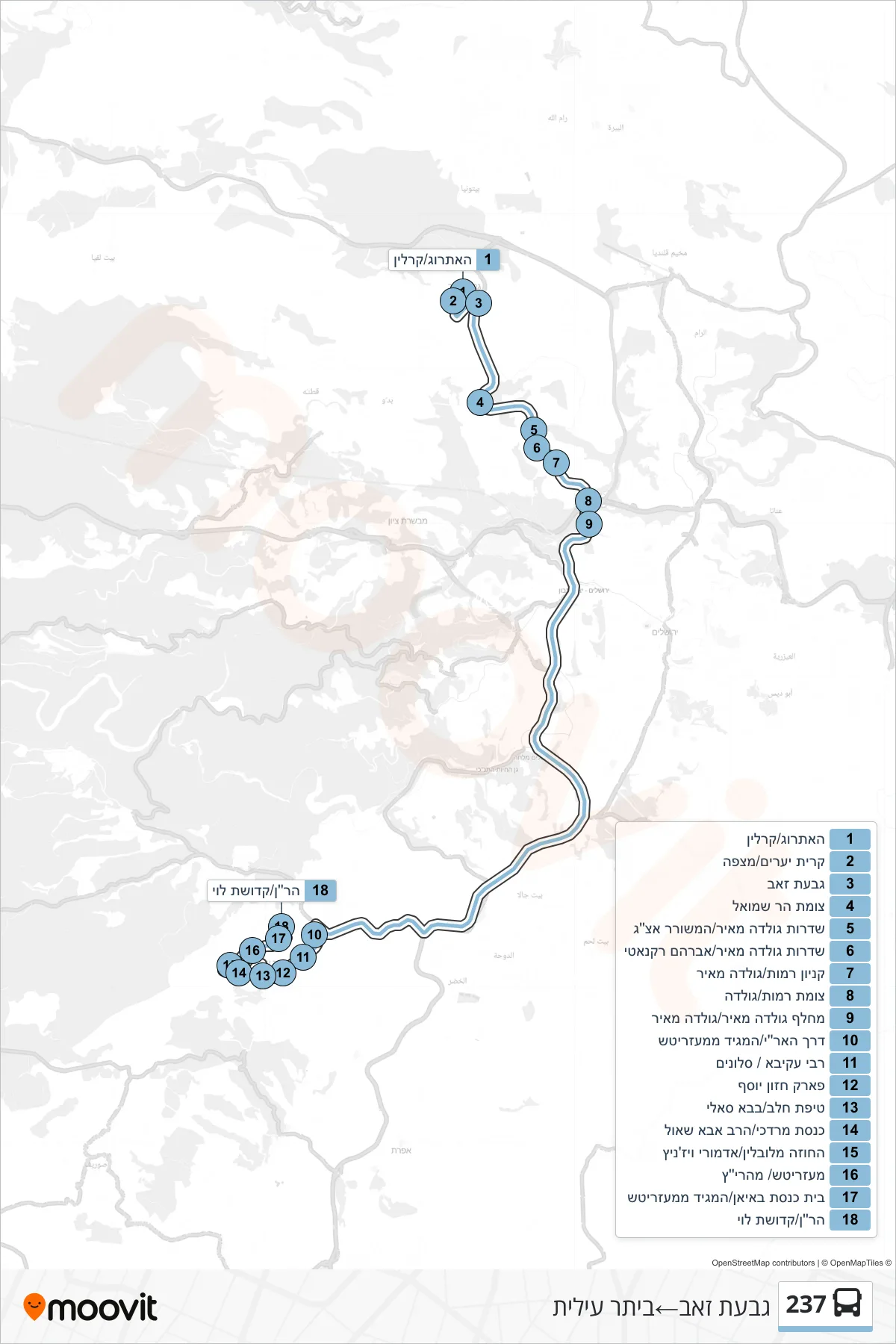 237 bus Line (Givat Ze'ev‎→Beitar Illit) route and stops on a map