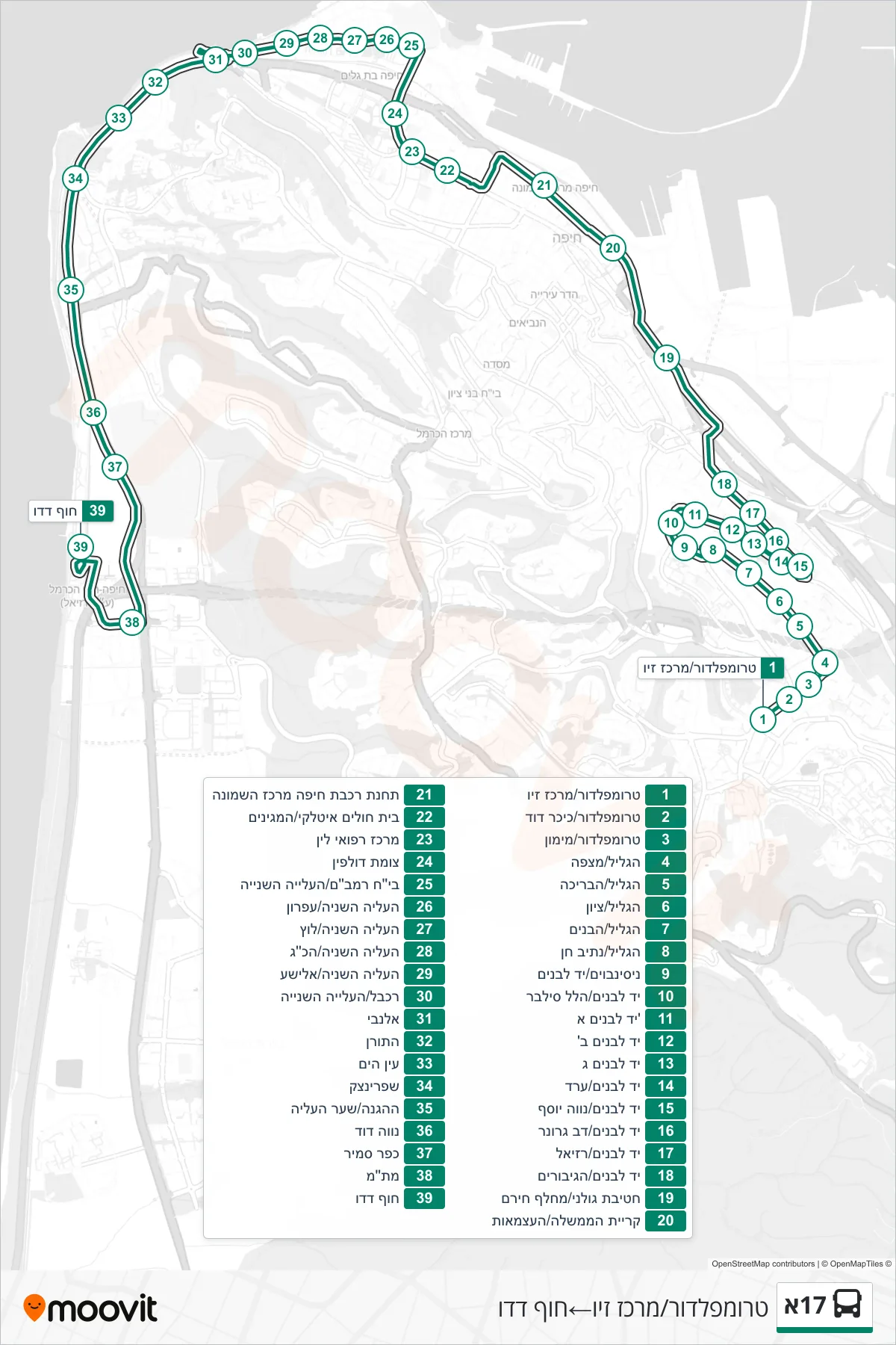 17A bus Line (Trumpeldor/Ziv Center‎→Dado Beach) route and stops on a map