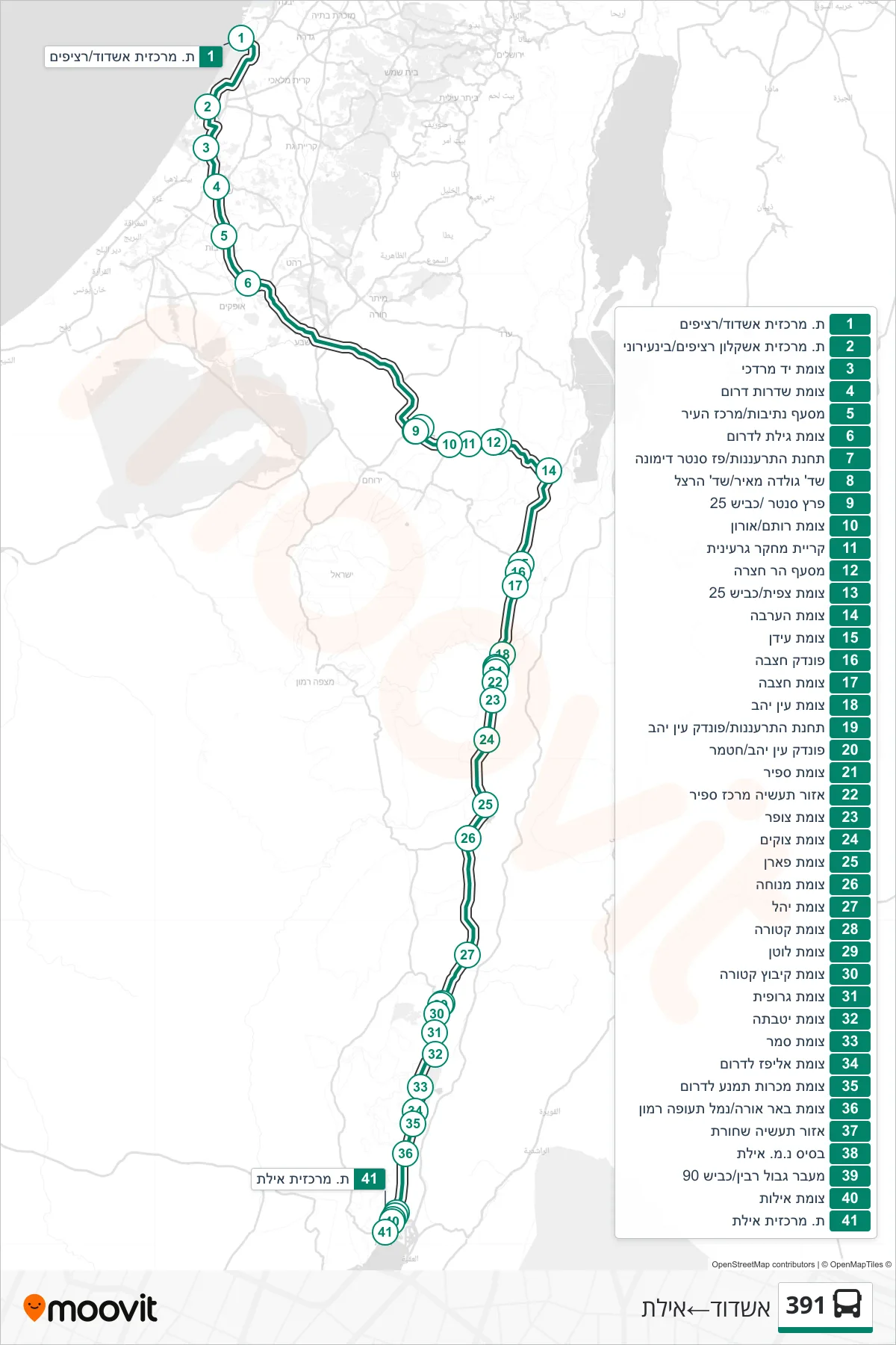 391 bus Line (Ashdod‎→Eilat) route and stops on a map