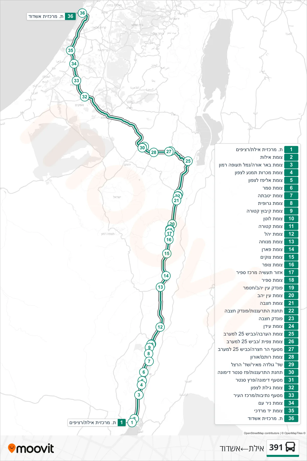 391 bus Line (Eilat‎→Ashdod) route and stops on a map
