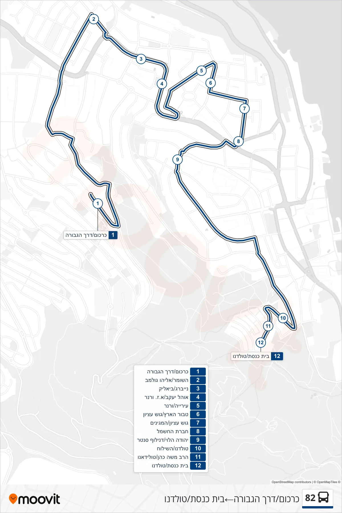 82 bus Line (Karkom/HaGvura Road‎→Synagogue/Toledano) route and stops on a map