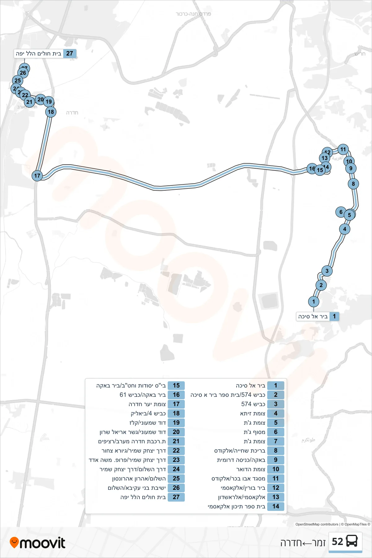 52 bus Line (Zamar‎→Hadera) route and stops on a map