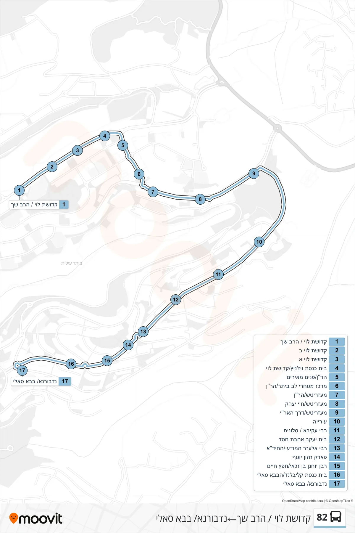 82 bus Line (Kedushat Levi/HaRav Shach‎→Nadvorna/Baba Sali) route and stops on a map