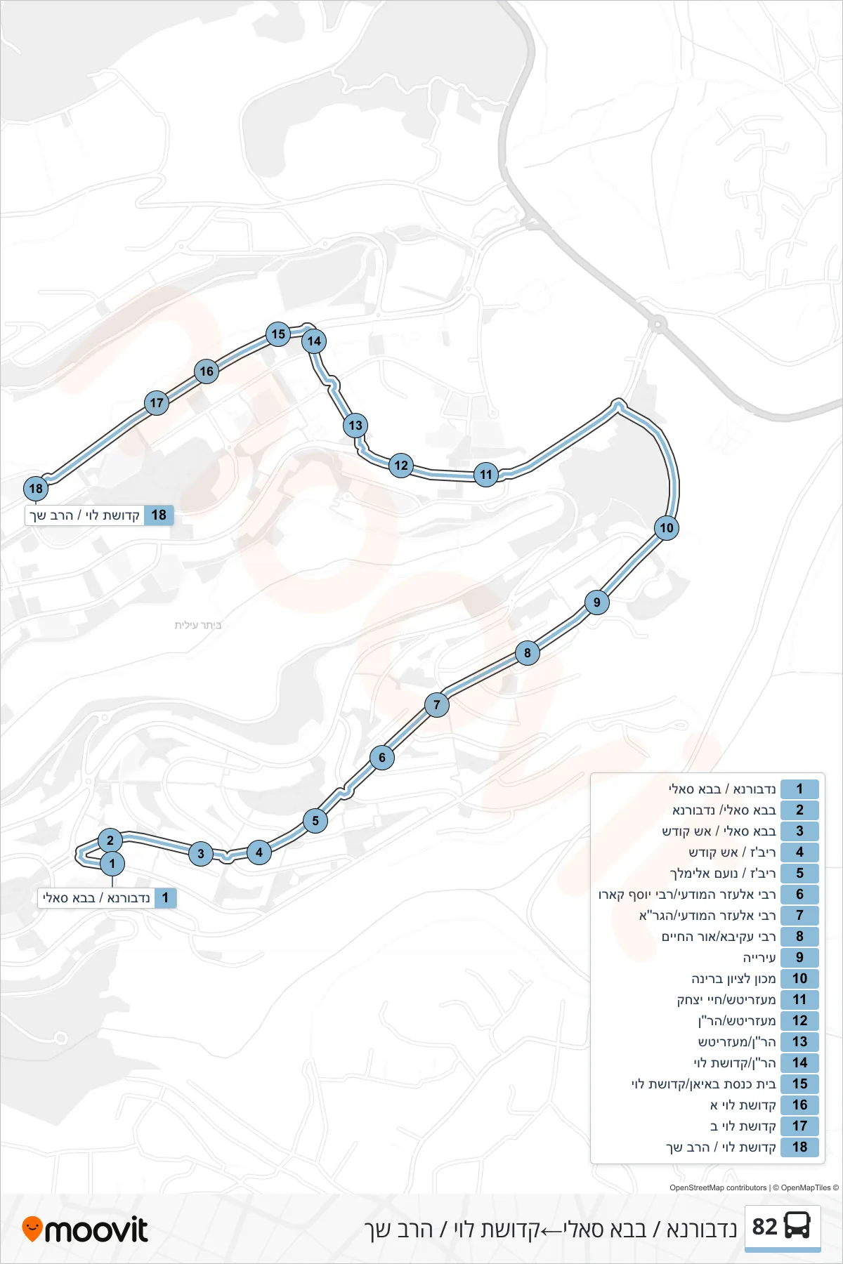 82 bus Line (Nadvorna/Baba Sali‎→Kedushat Levi/HaRav Shach) route and stops on a map