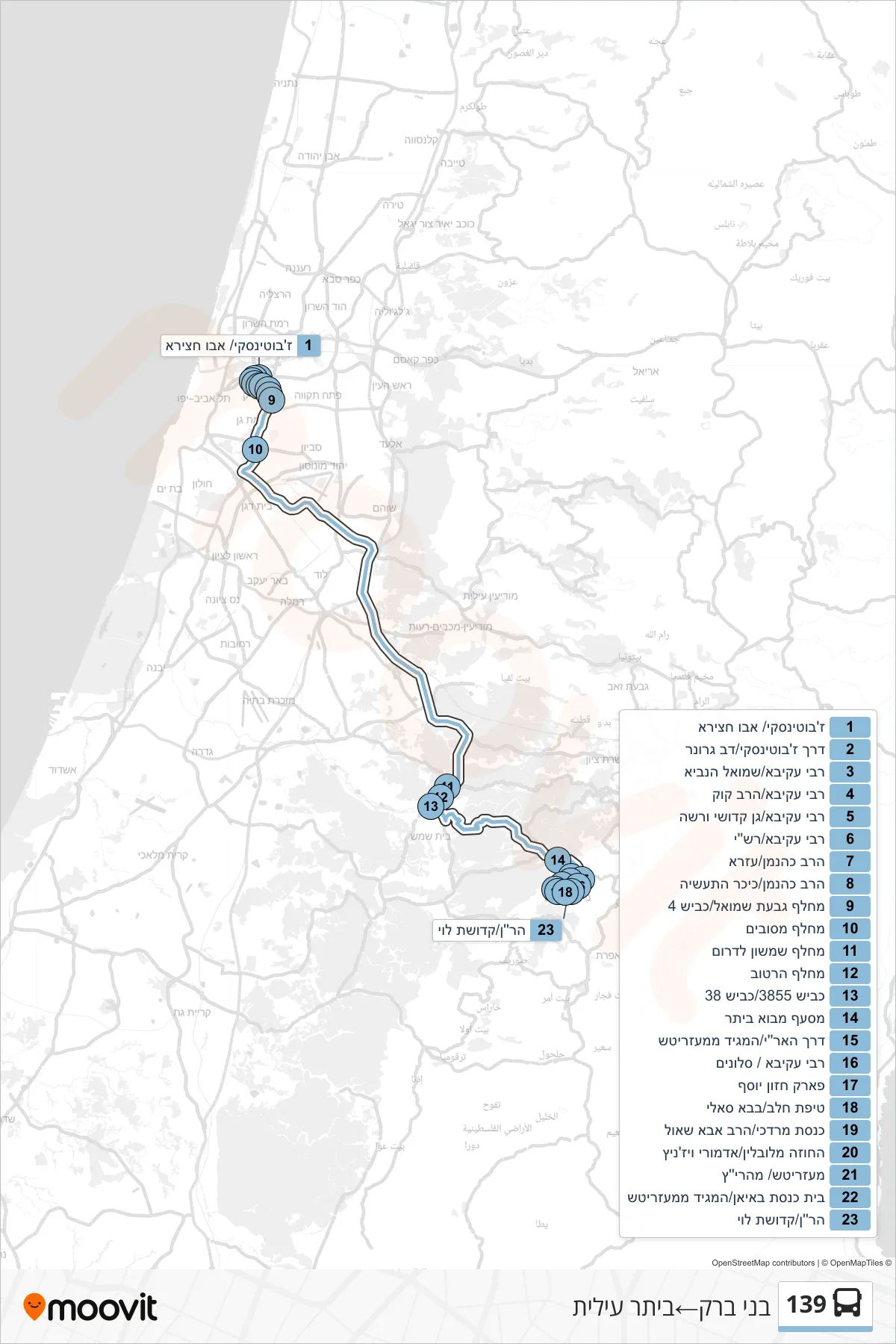 139 bus Line (Bnei Brak‎→Beitar Illit) route and stops on a map