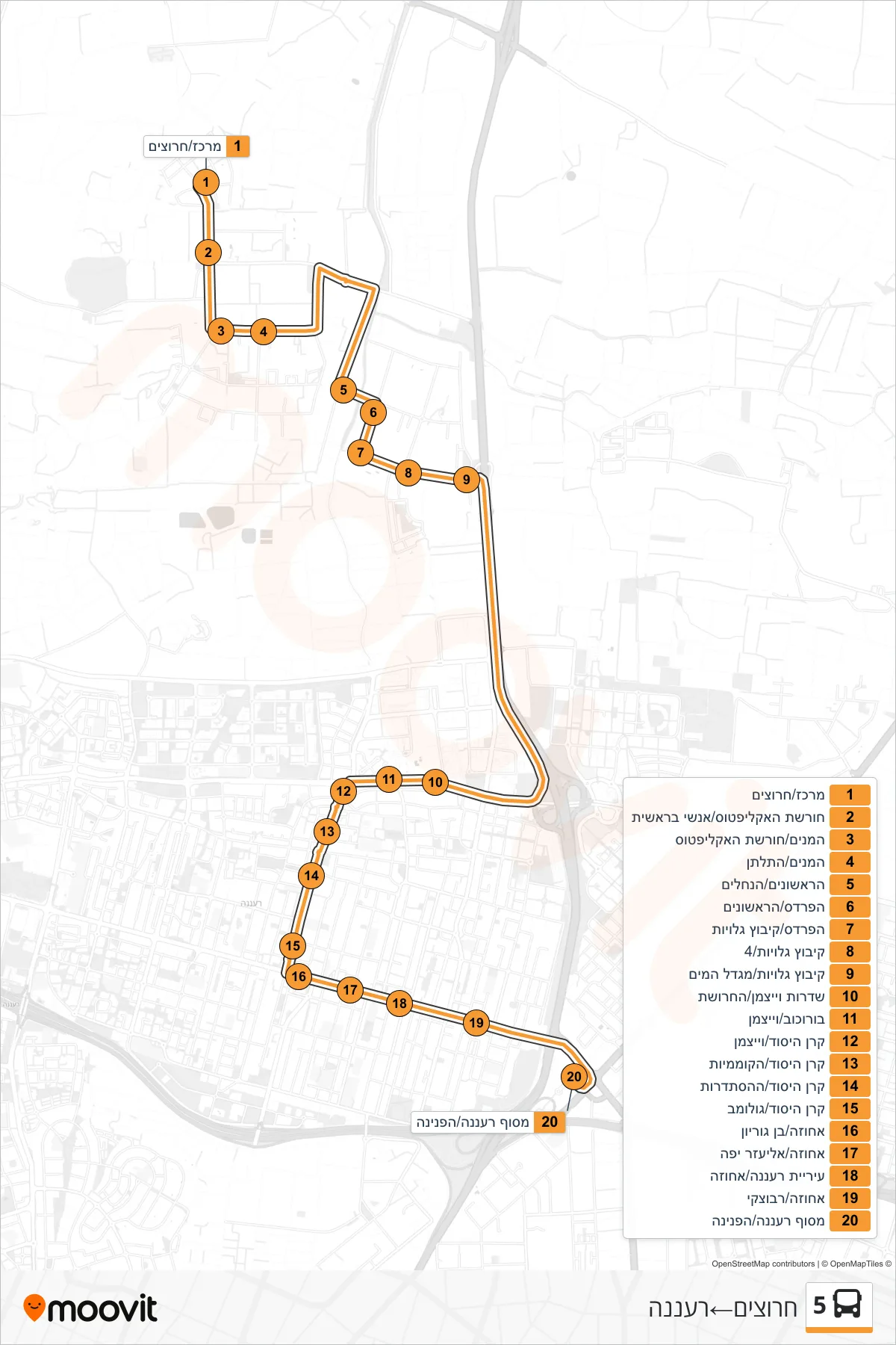 5 bus Line (Harutzim‎→Ra'anana) route and stops on a map