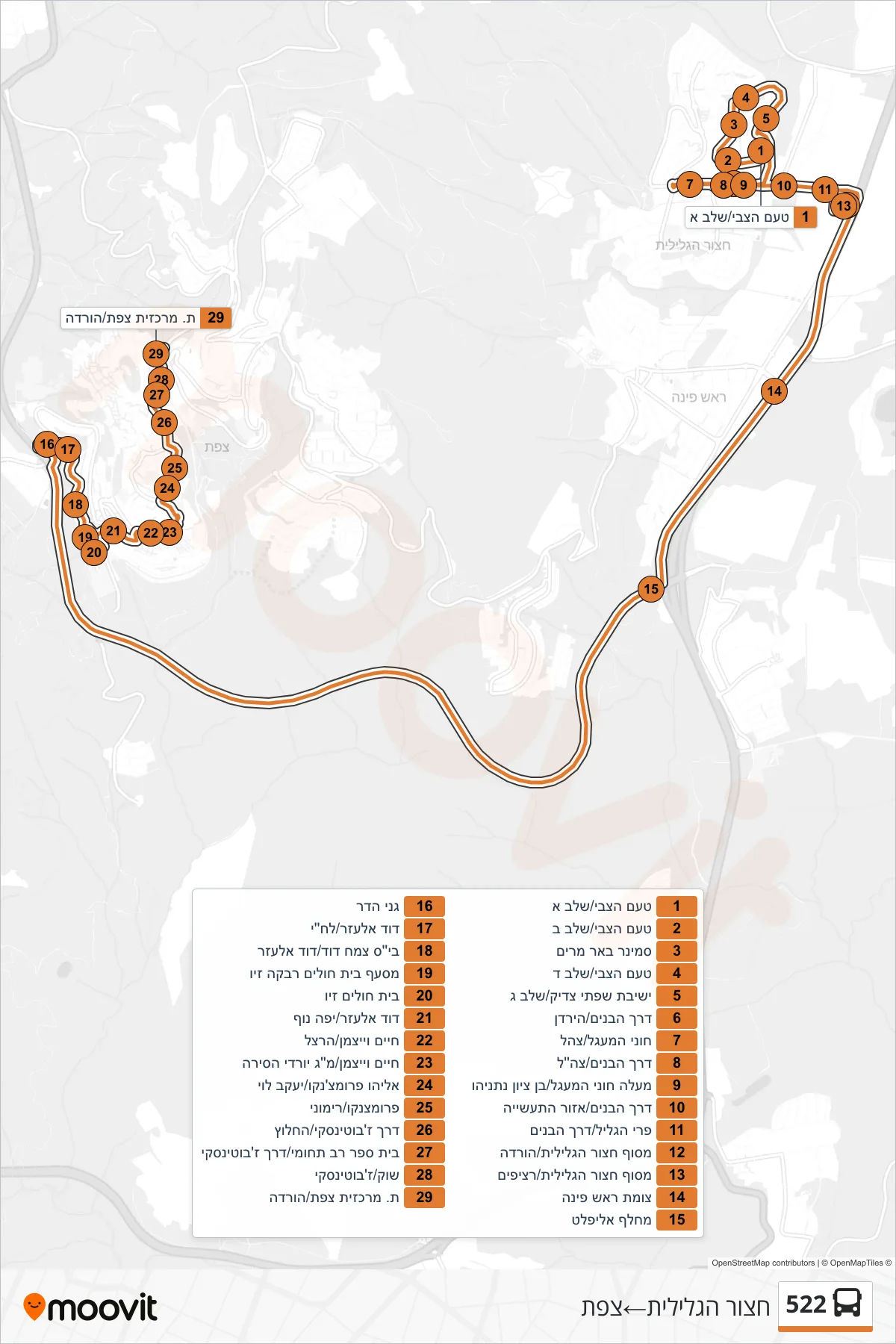 522 bus Line (Hatzor HaGlilit‎→Safed) route and stops on a map