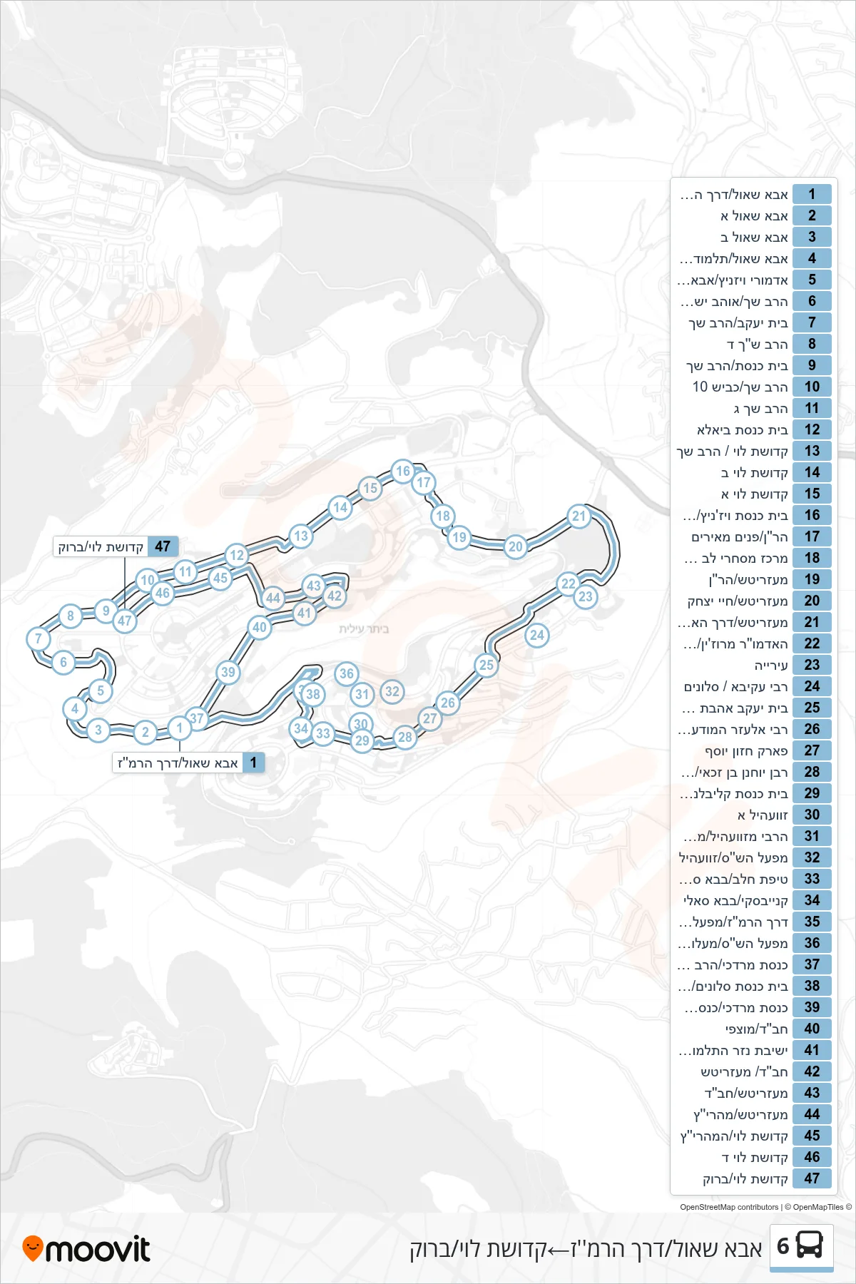 6 bus Line (Abba Shaul/Ramaz Road‎→Kedushat Levi/Brook) route and stops on a map
