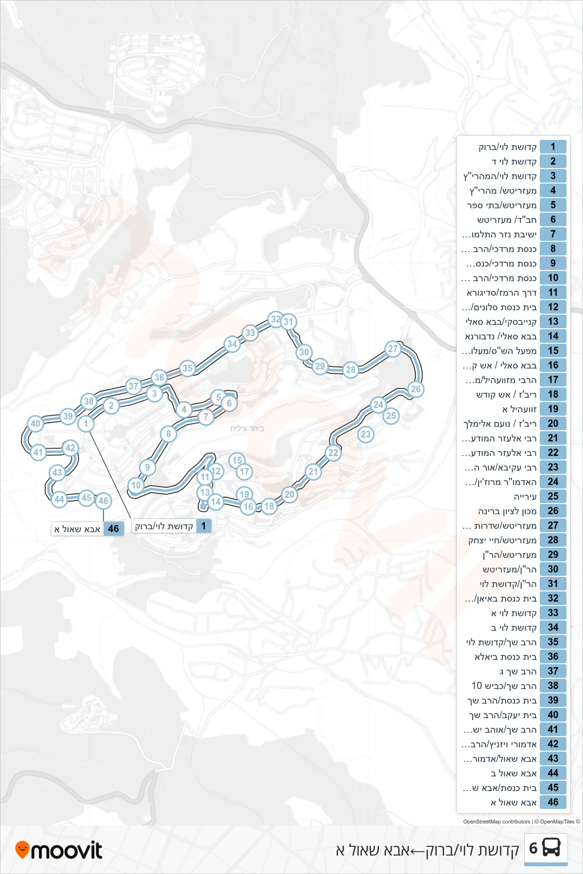 6 bus Line (Kedushat Levi/Brook‎→Abba Shaul A) route and stops on a map