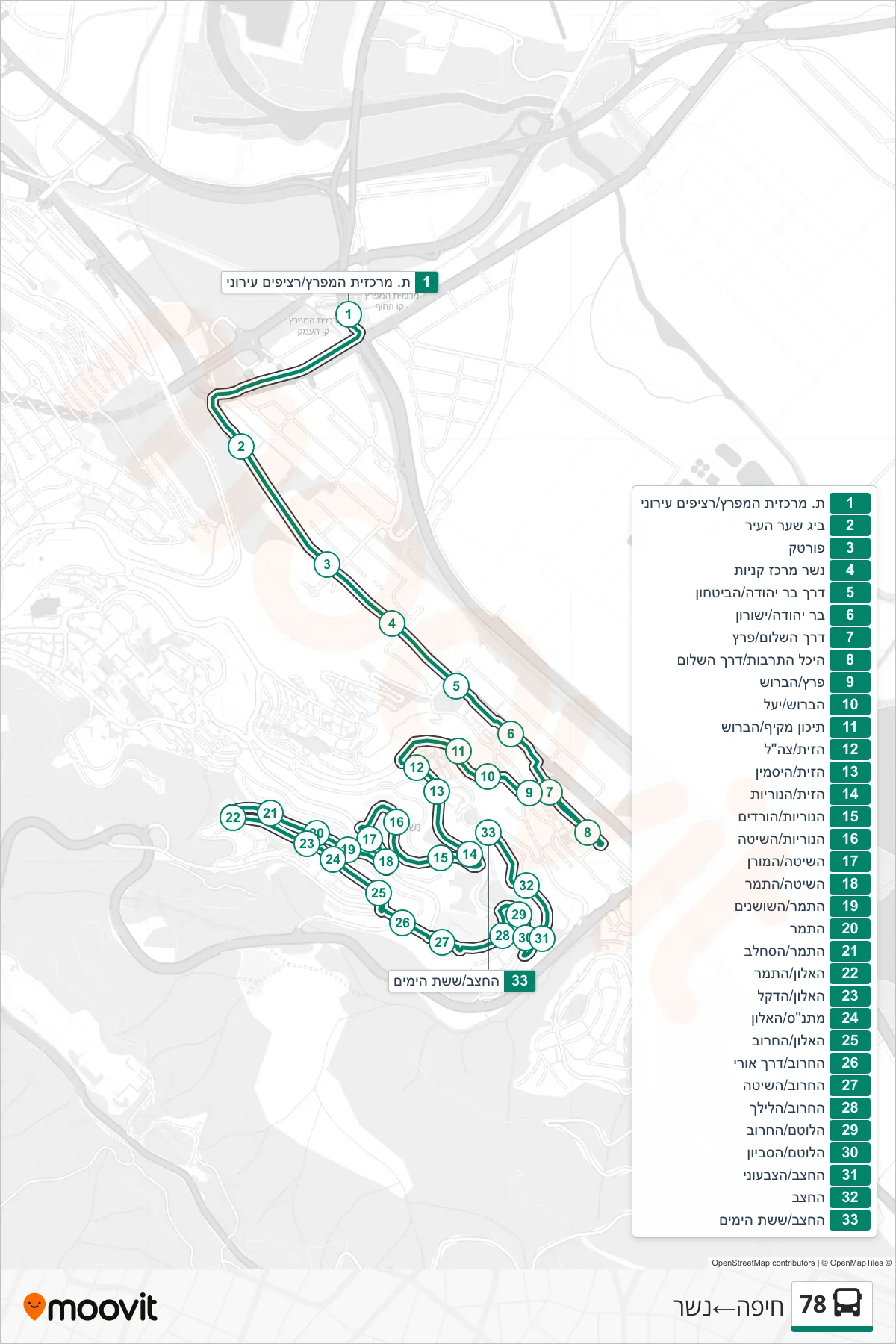 78 bus Line (Haifa‎→Nesher) route and stops on a map