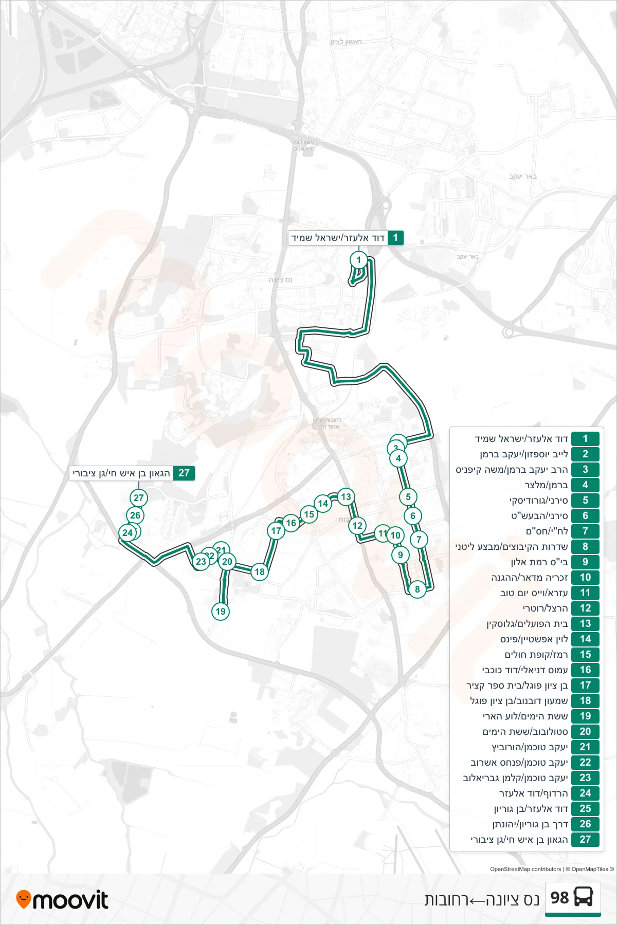 98  Line (Nes Ziona‎→Rehovot) route and stops on a map