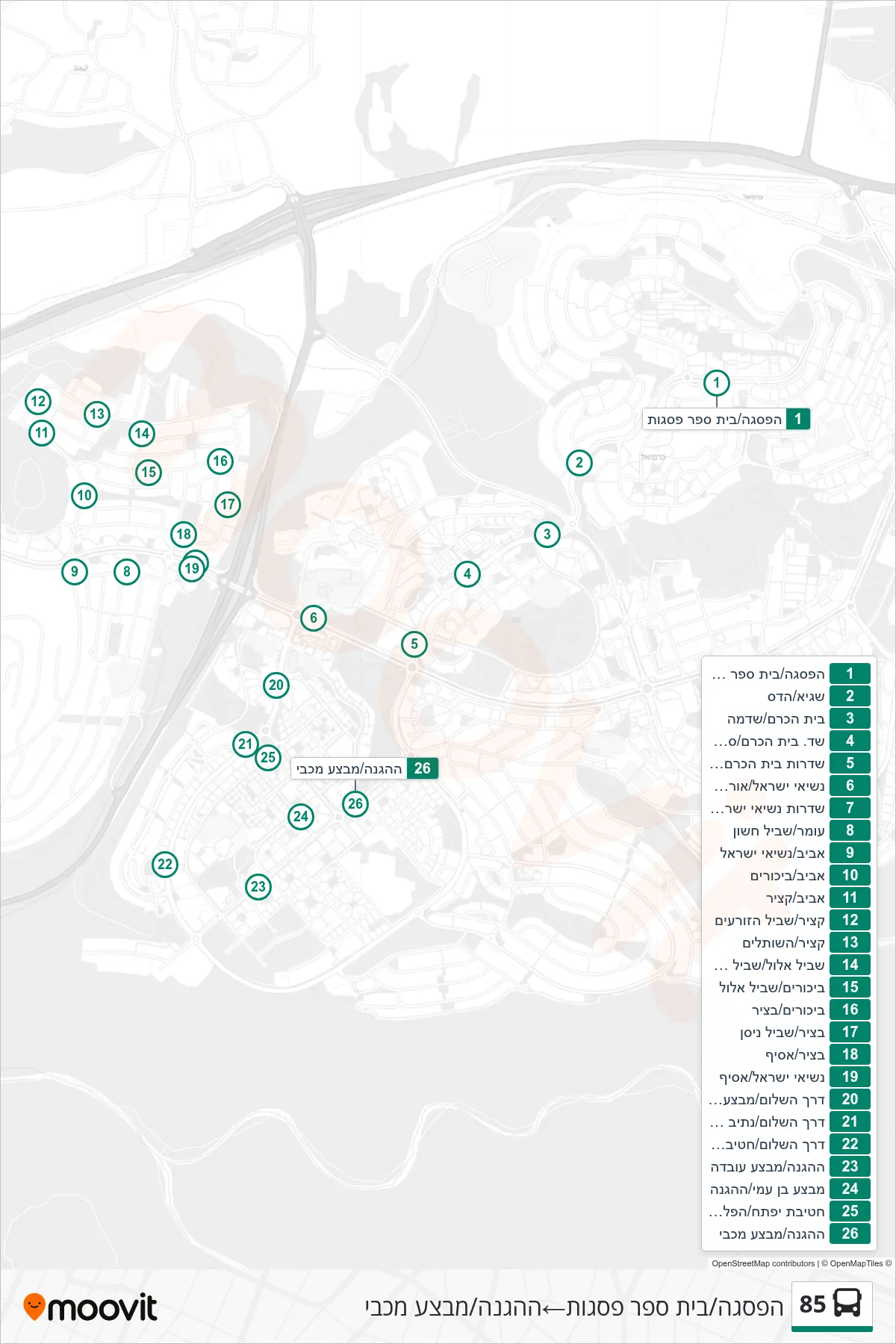 85 bus Line (HaPisga/Pisgot School‎→HaHagana/Mivtza Maccabi) route and stops on a map