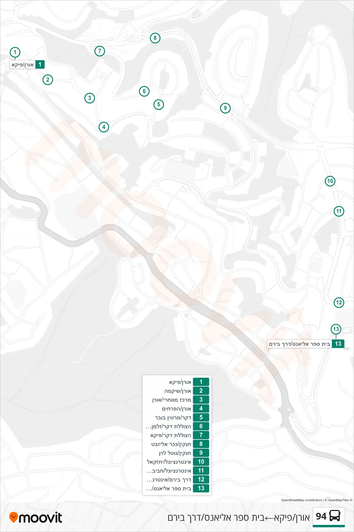 94 bus Line (Oren/PICA‎→Alliance School/Biram Road) route and stops on a map